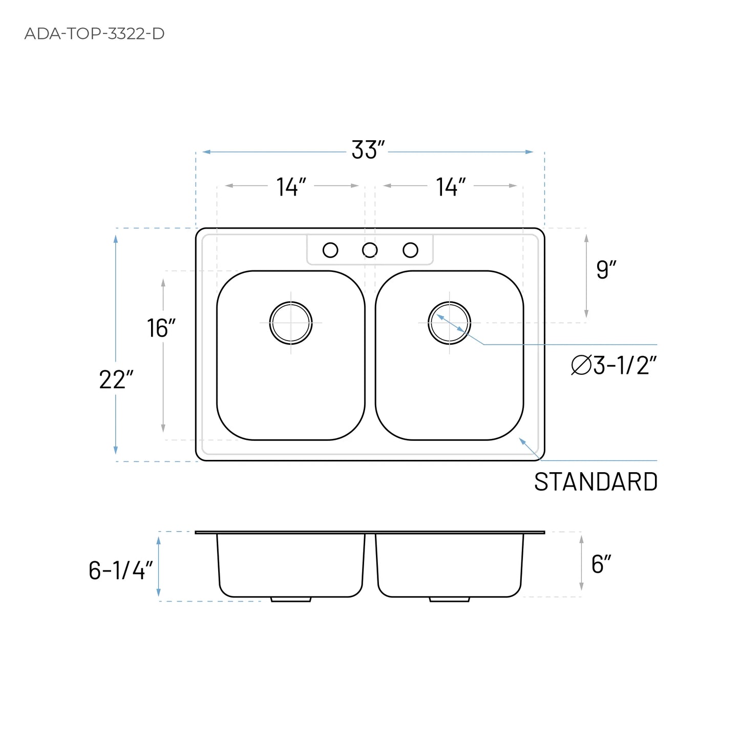 Technical Drawing of Double Bowl Stainless Steel ADA Kitchen  Sink