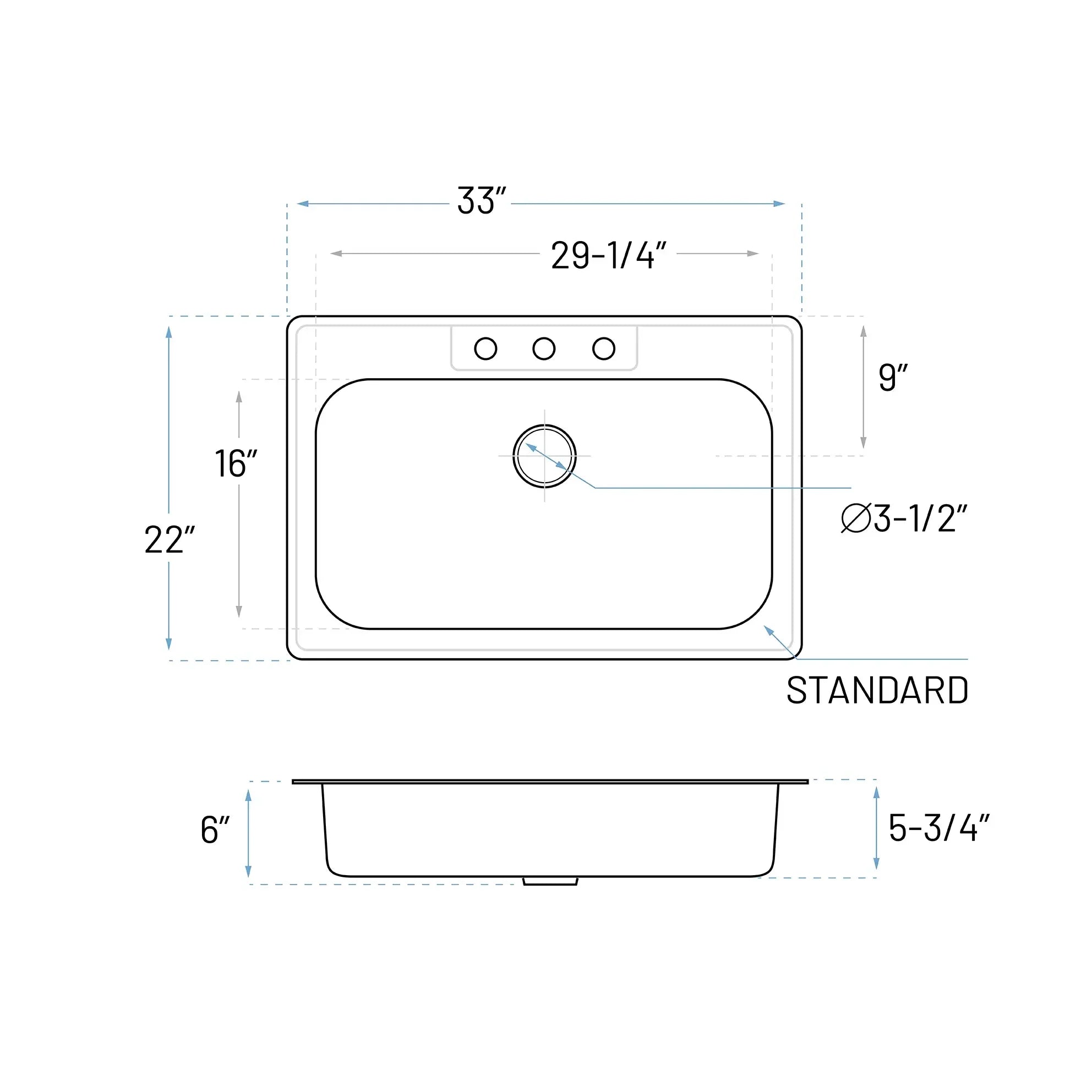 33" Top Mount Stainless Steel Single Bowl ADA Kitchen Sink