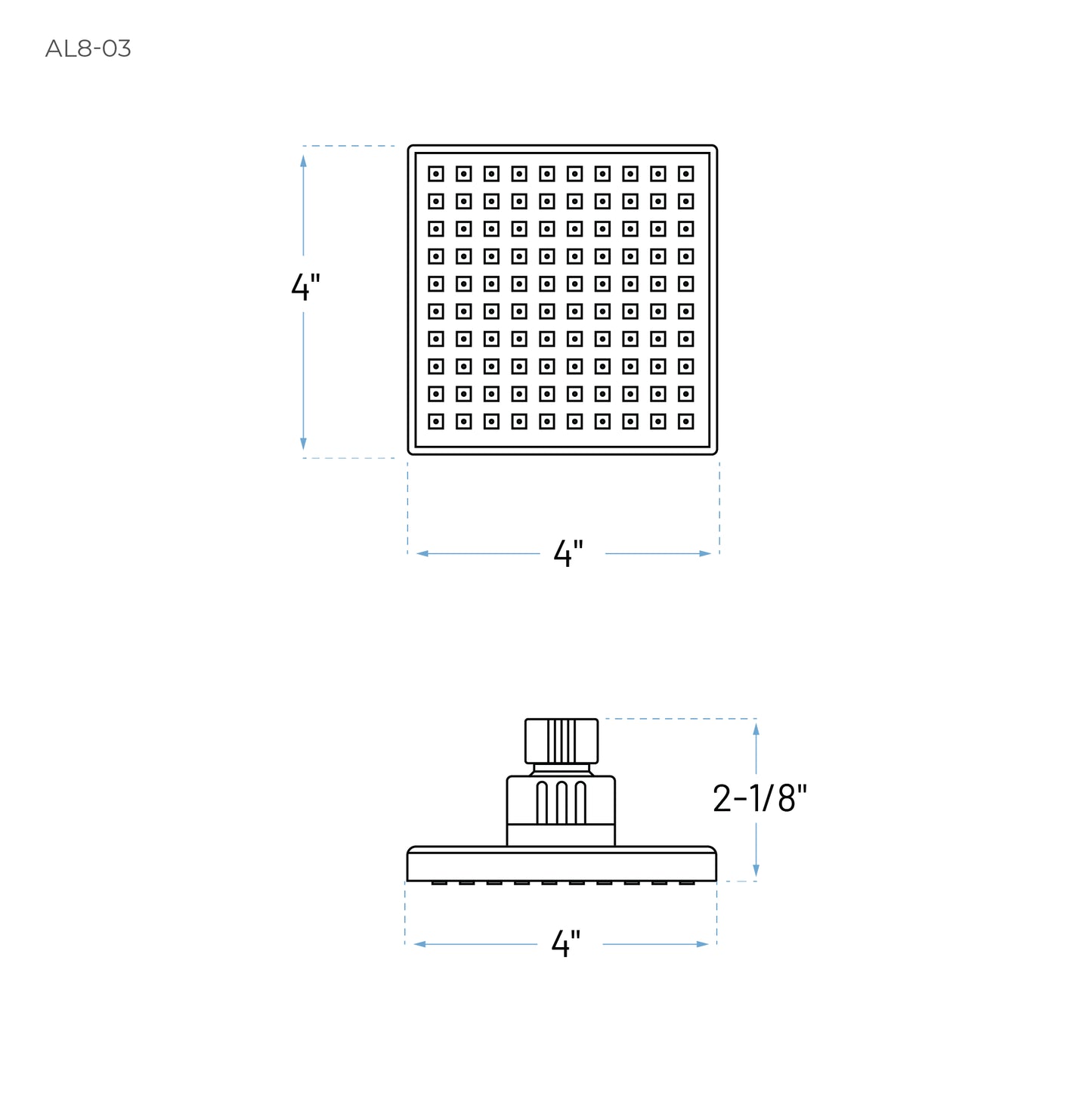 Technical Drawing of a 4 Inch Square Shape Shower Head