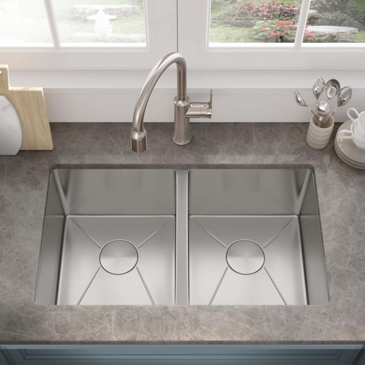 Double Bowl ADA Kitchen Sink is mounted over kitchen faucet