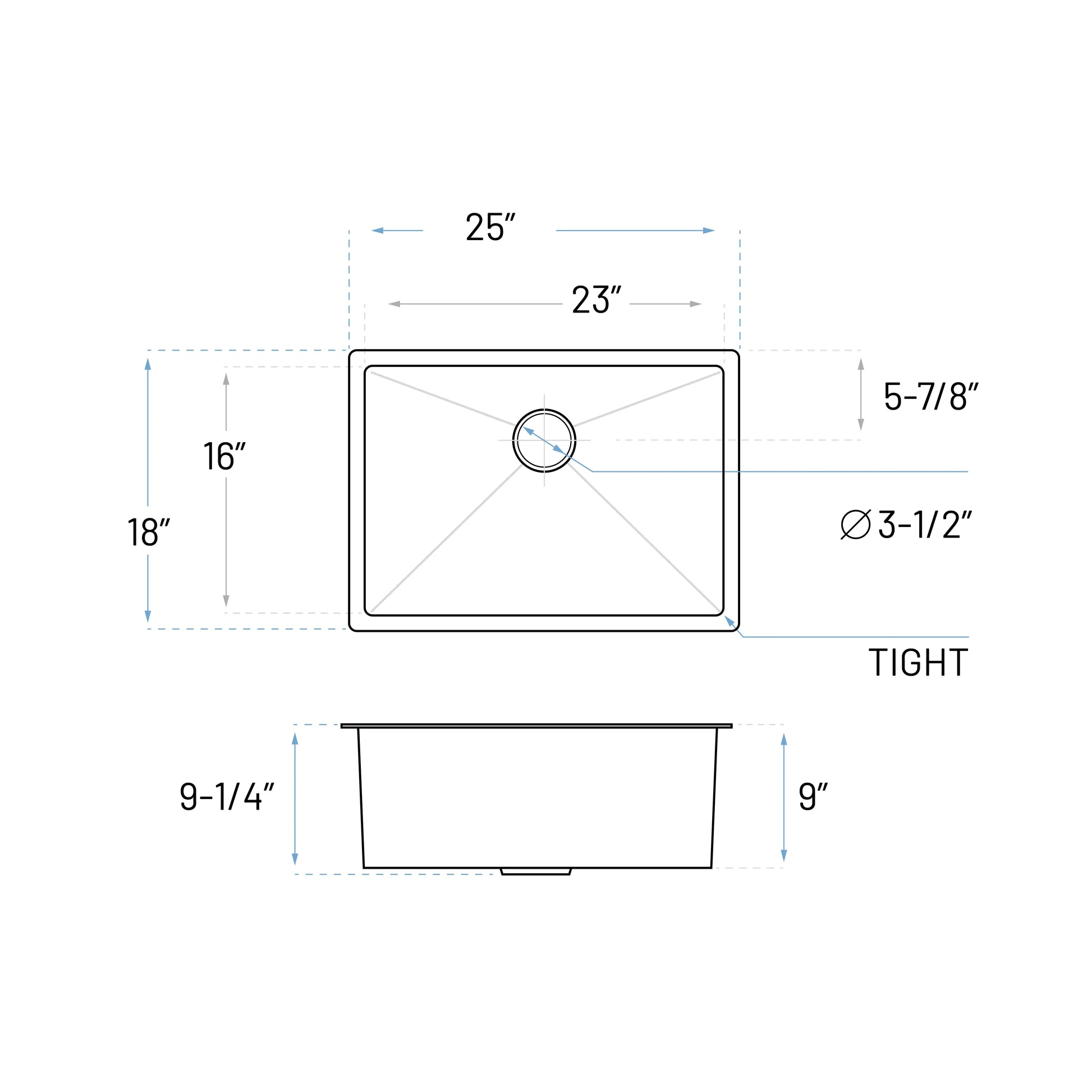 Technical Drawing of Handmade Stainless Steel Undermount Kitchen Sink
