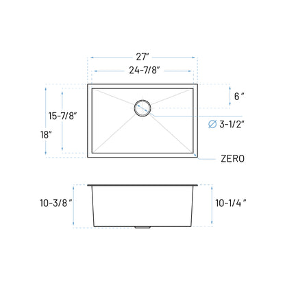 KH-2718-10-S-R0 Handmade Stainless Steel Kitchen Sink