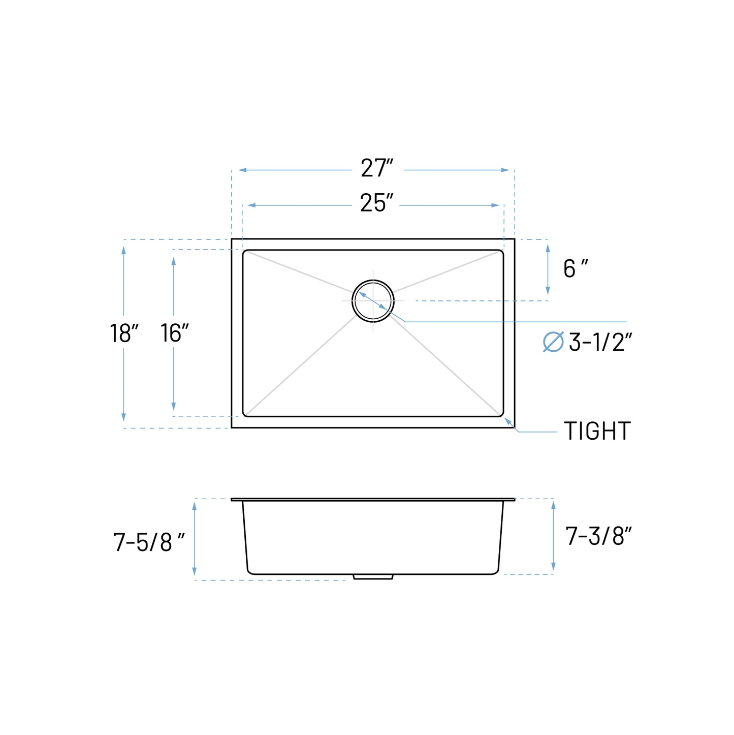 KH-2718-7-S-R15 Handmade Stainless Steel Kitchen Sink