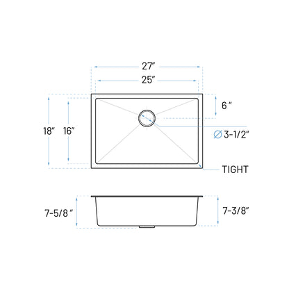 KH-2718-7-S-R15 Handmade Stainless Steel Kitchen Sink