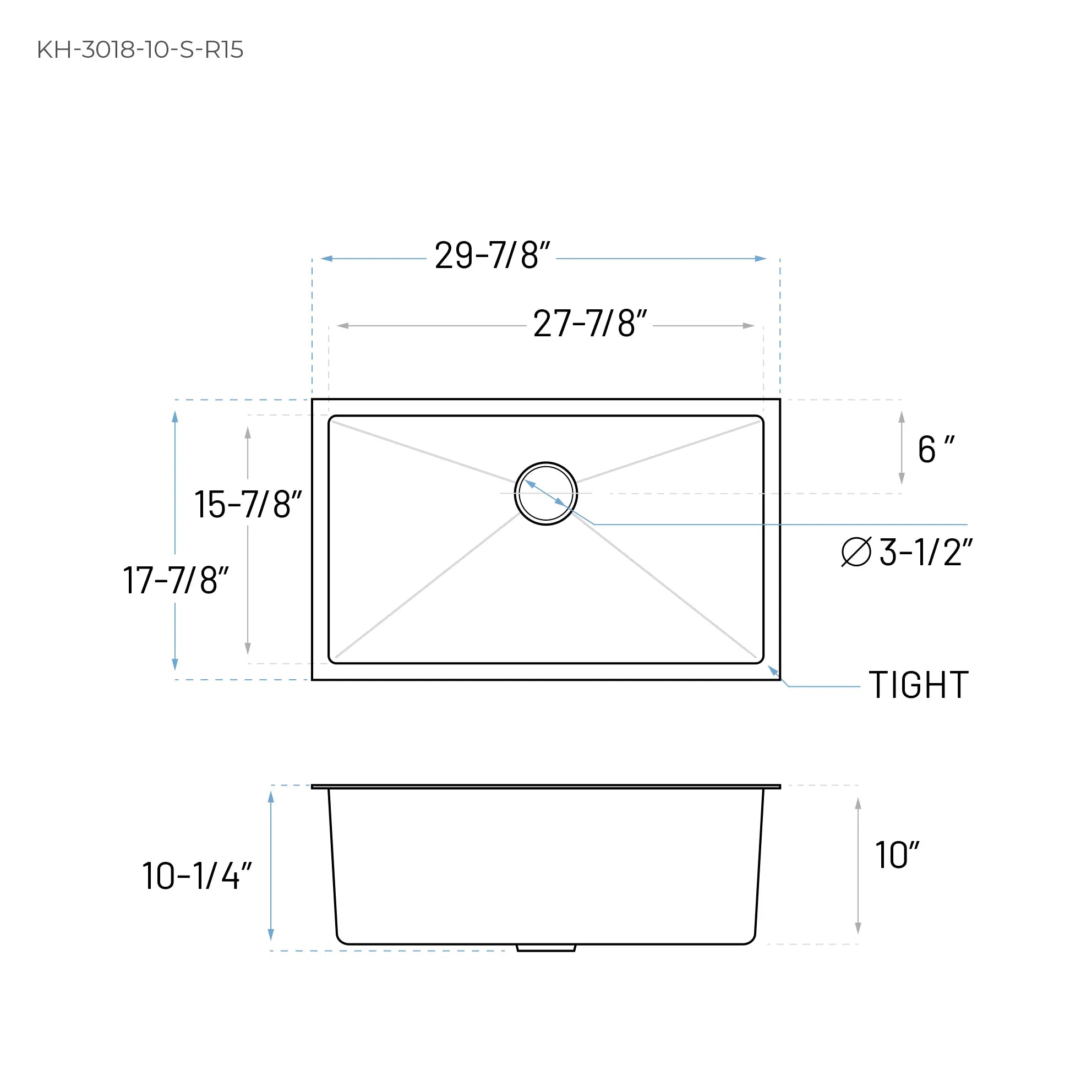 KH-3018-10-S-R15 Handmade Stainless Steel Kitchen Sink