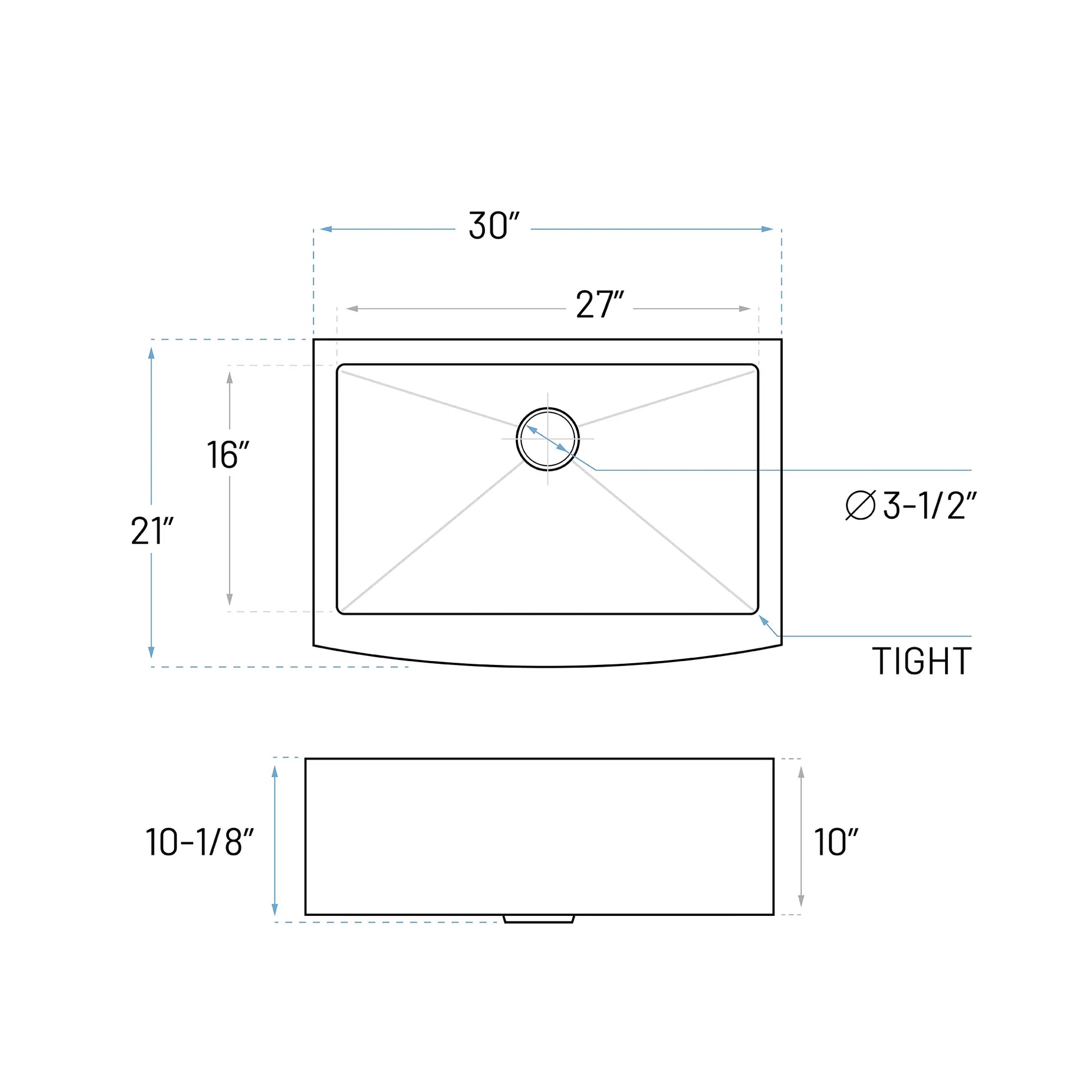 Technical Drawing of Stainless Steel Farmhouse Kitchen Sink