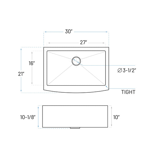 Technical Drawing of Stainless Steel Farmhouse Kitchen Sink