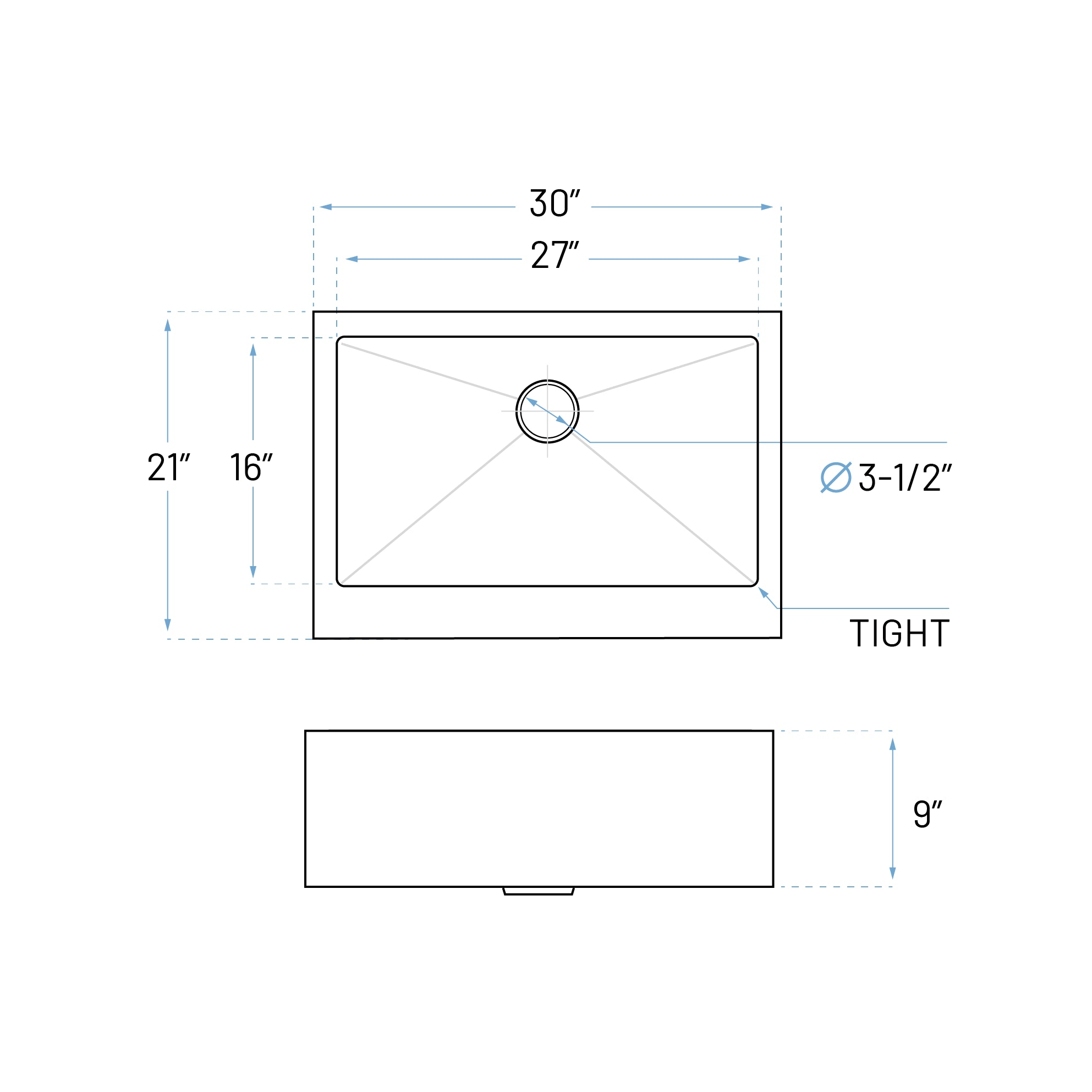 30" Tight Radius Farmhouse Flat Apron Stainless Steel Modern Kitchen Sink, KH-3021-9-S-R15-MF