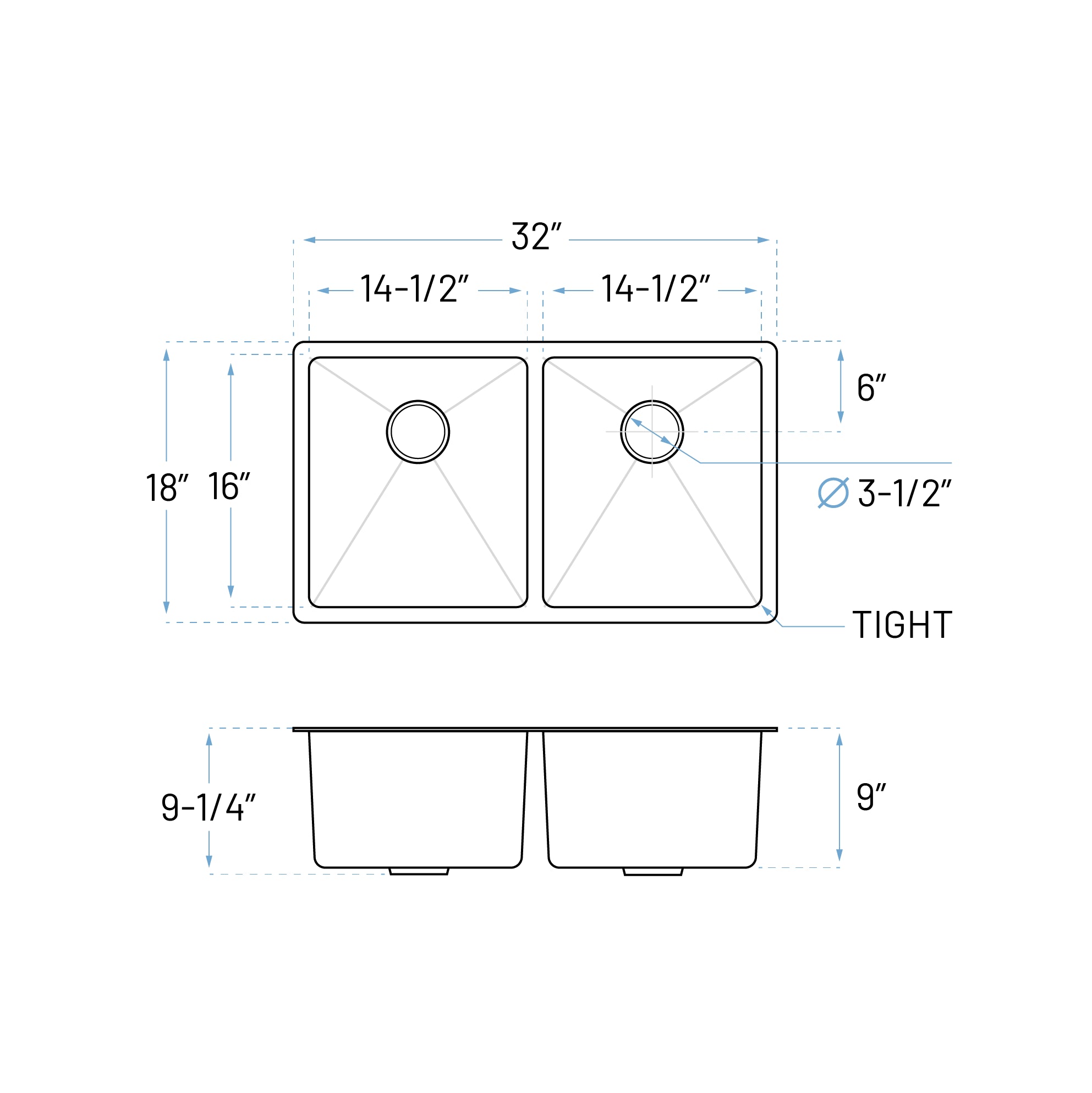 32" Undermount Double Bowl Stainless Steel Kitchen Sink