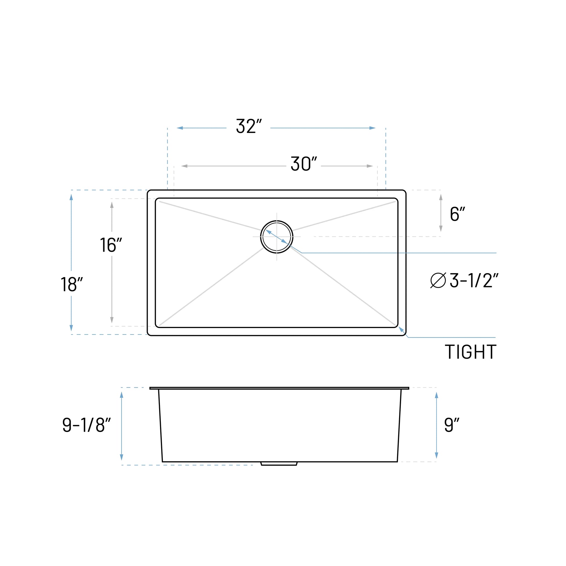 Technical Drawing of Handmade Stainless Steel Kitchen Sink