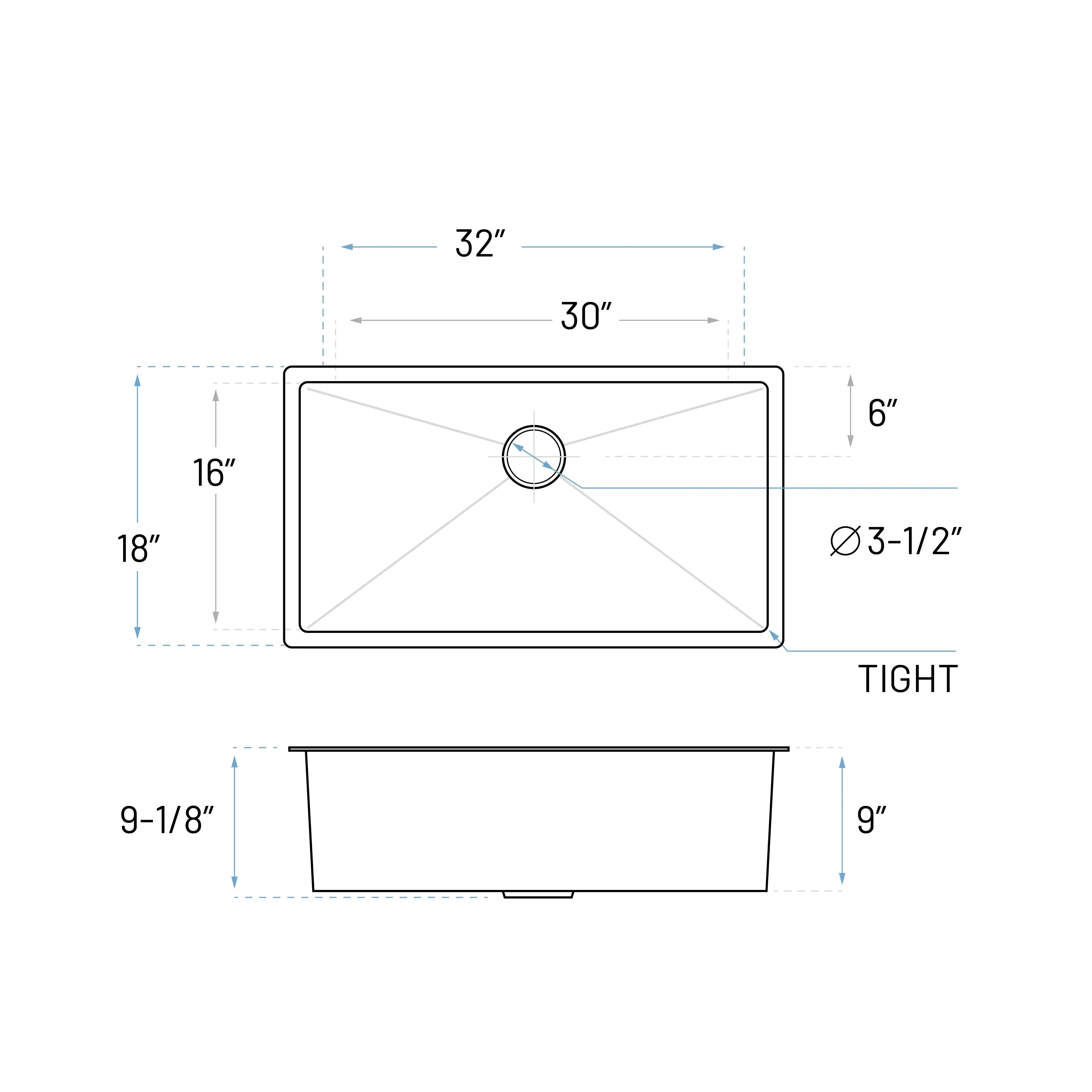 32" Undermount Stainless Steel Single Bowl Kitchen Sink