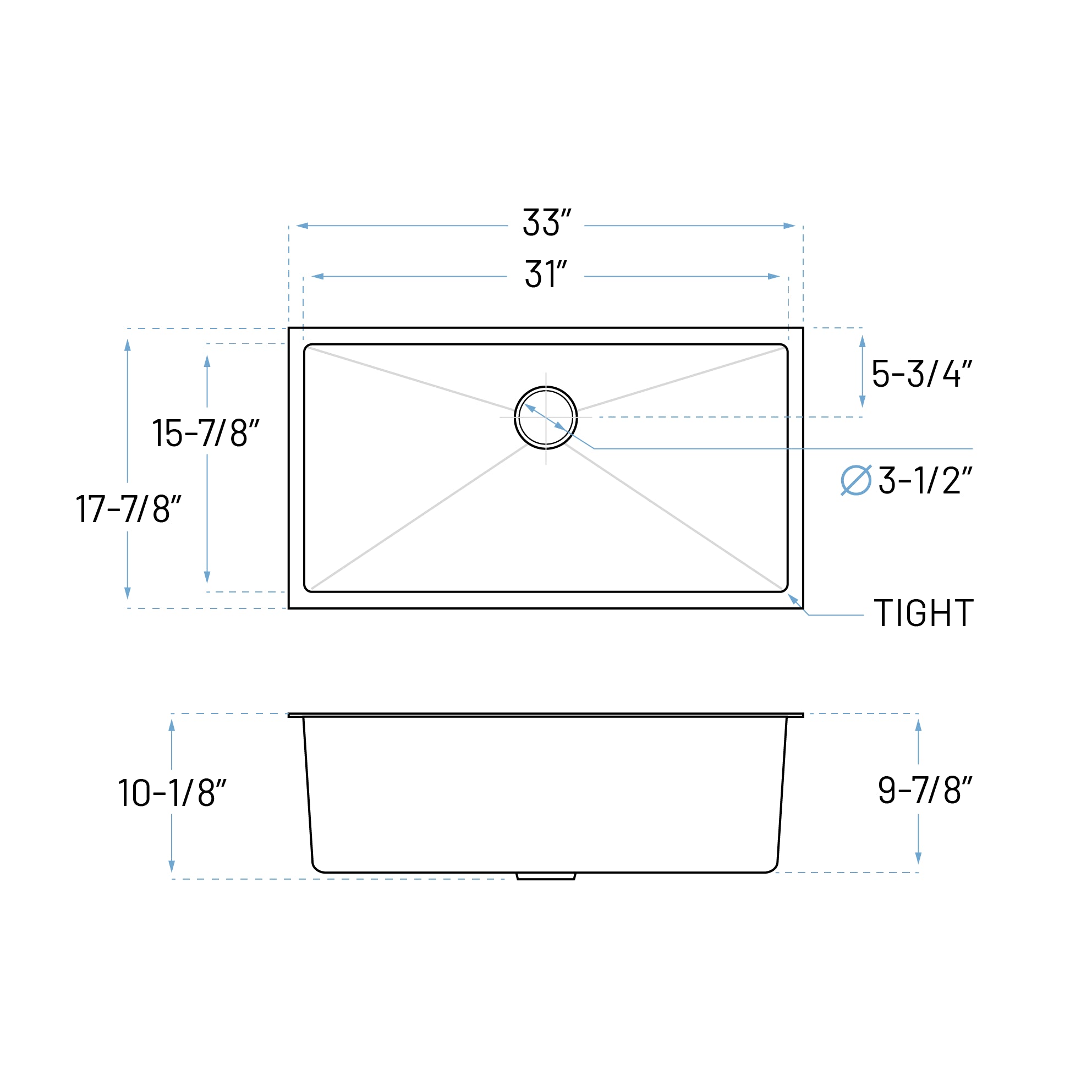 33" Undermount Stainless Steel Single Bowl Kitchen Sink