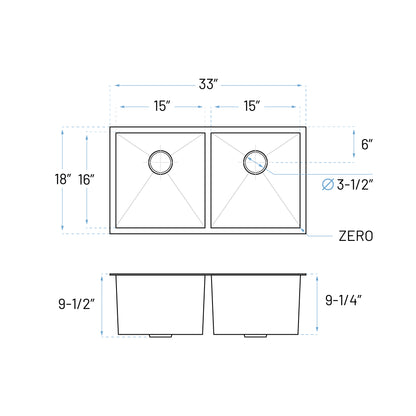 KH-3318-9-D-R0 Handmade Stainless Steel Kitchen Sink