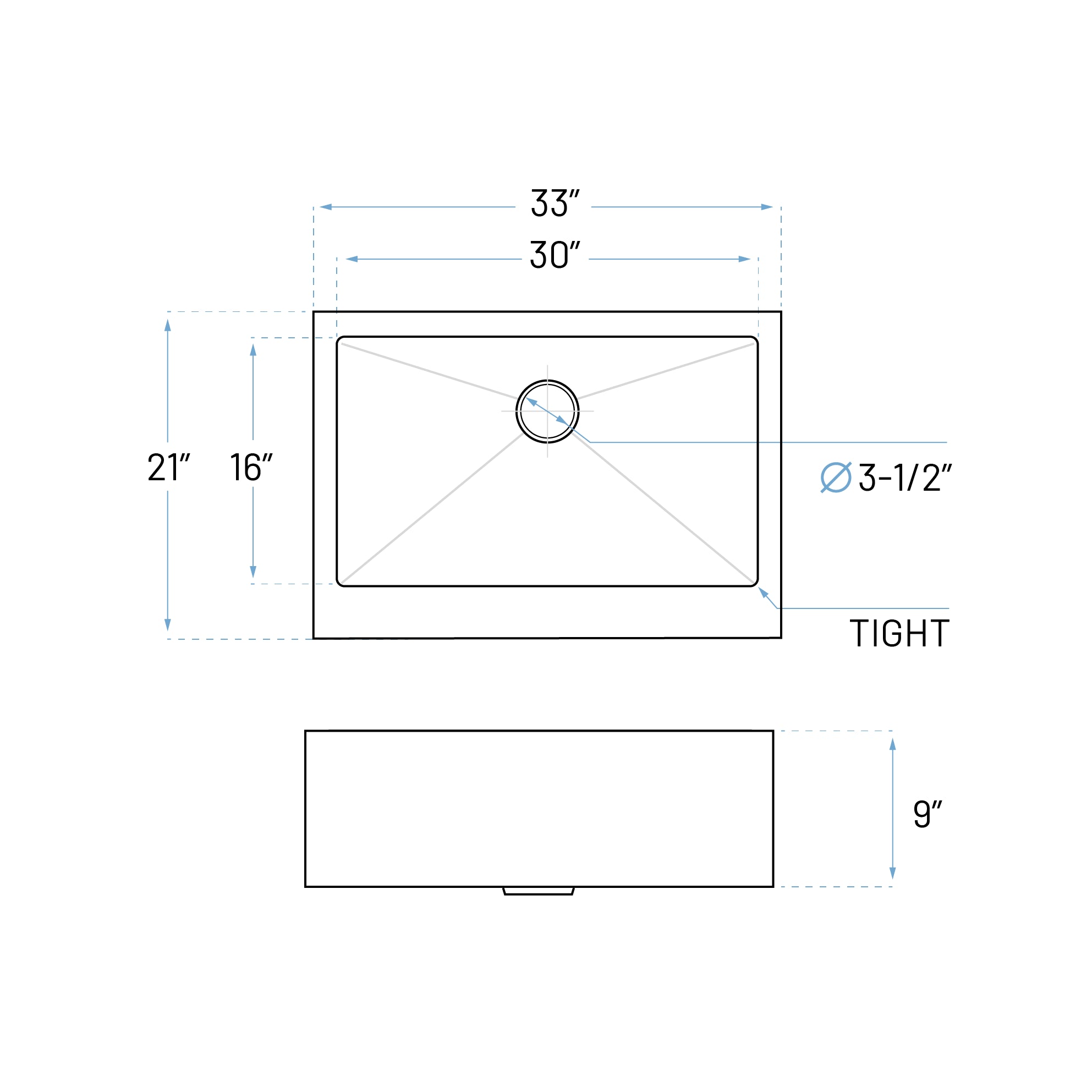 33" Tight Radius Farmhouse Flat Apron Stainless Steel Modern Kitchen Sink, KH-3321-9-S-R15-MF