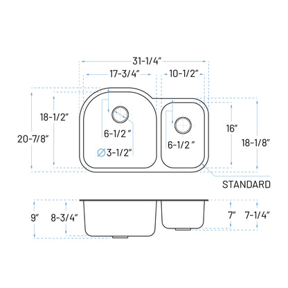 KSN-2131-9-D Offset Double Bowl Undermount Kitchen Sink