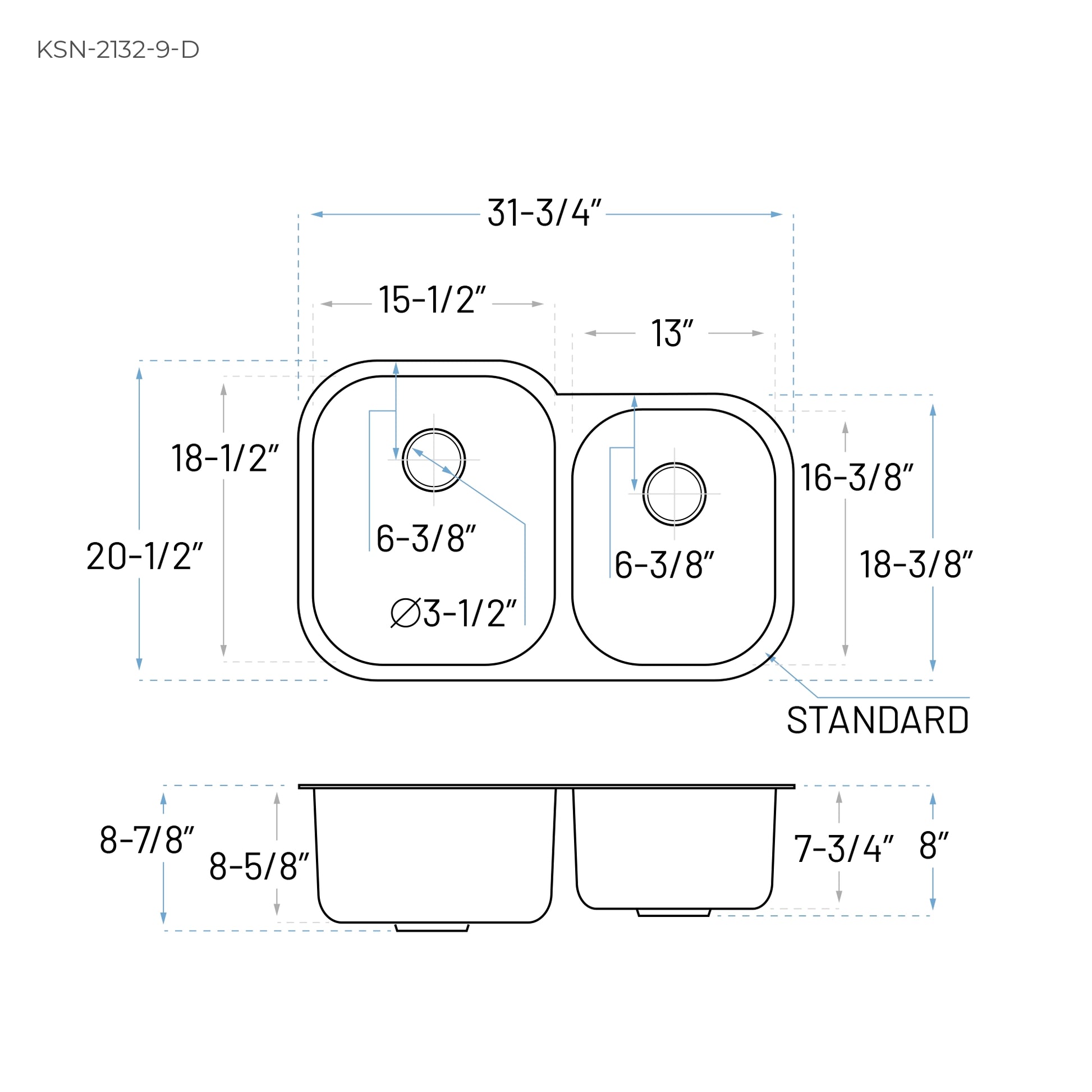 Technical Drawing of a D-offset Double bowl undermount kitchen sink