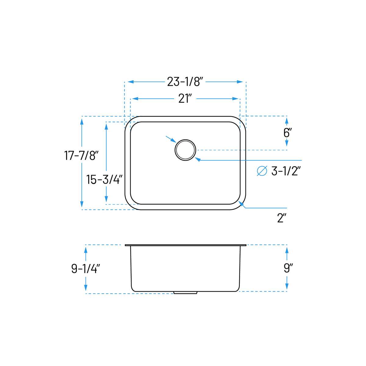 23" Undermount Stainless Steel Single Bowl Kitchen Sink with 2" Radius Corners