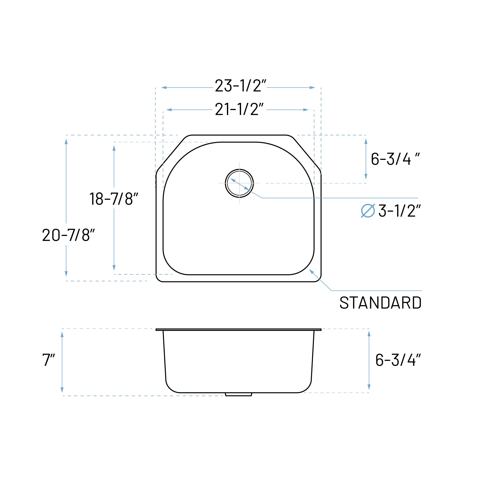 23" Undermount D-Shaped Stainless Steel Single Bowl Kitchen Sink