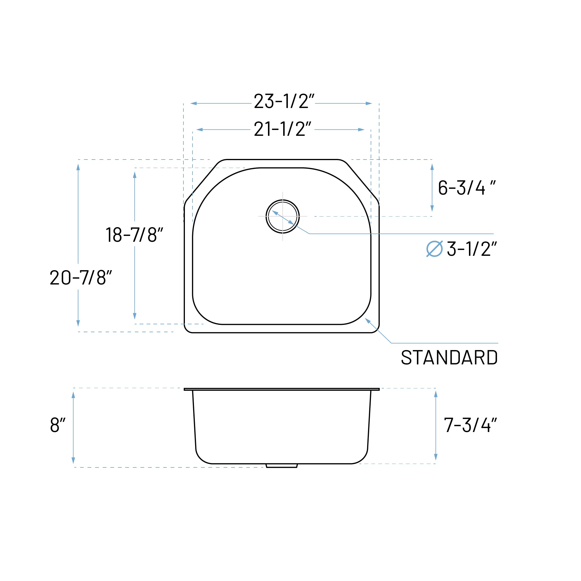 23" Undermount D-Shaped Stainless Steel Single Bowl Kitchen Sink