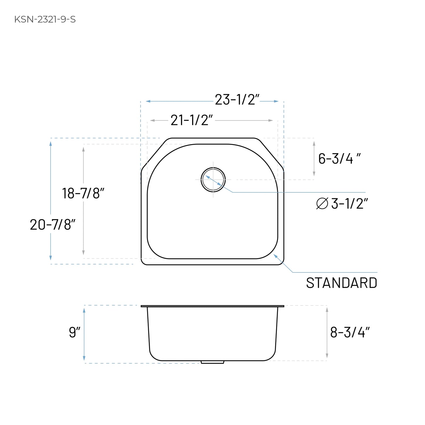 KSN-2321-9-S D-Shaped Single Bowl Undermount Kitchen Sink