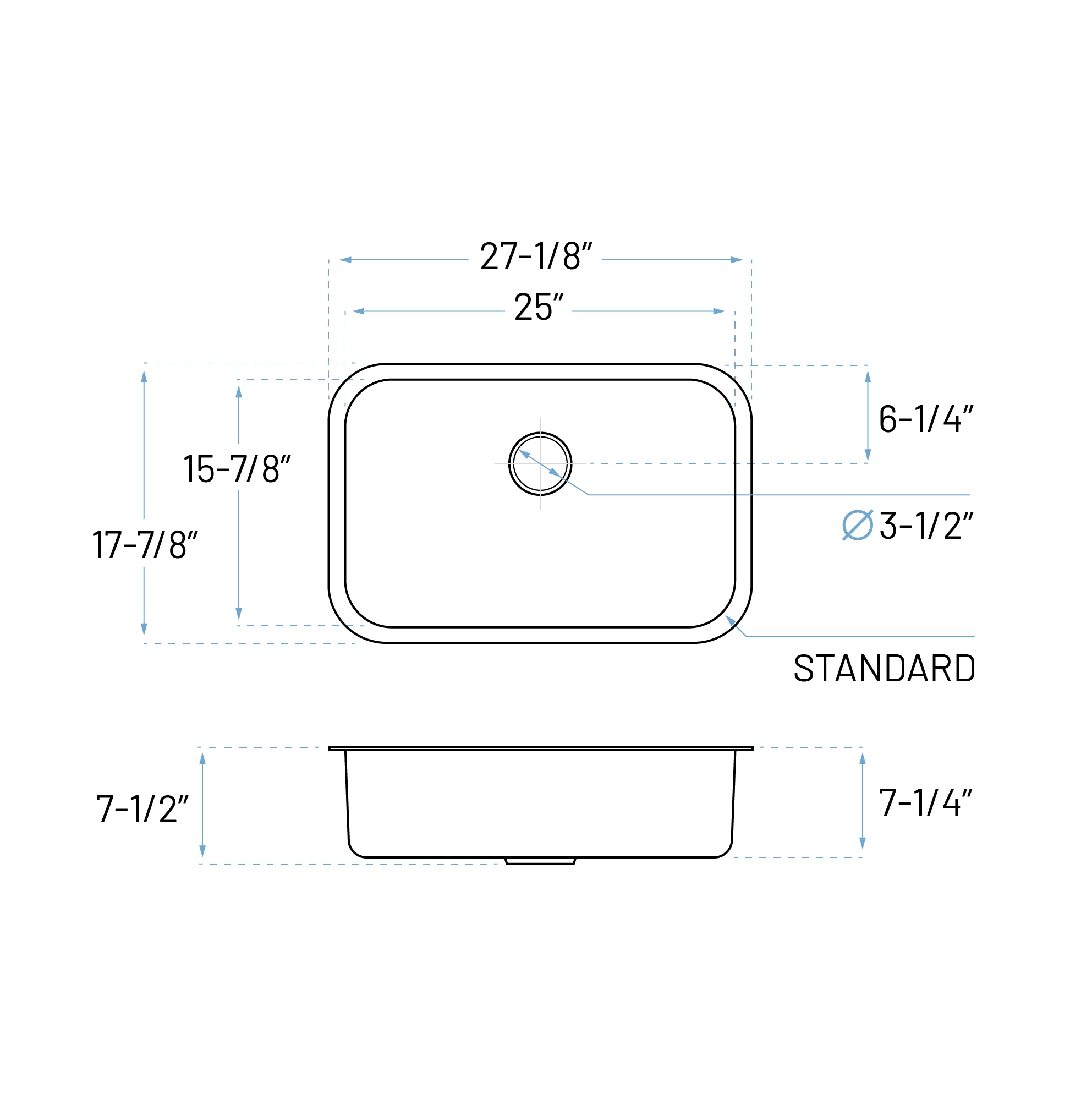 27" Undermount 7-inch Deep Stainless Steel Single Bowl Kitchen Sink, KSN-2718-7-S