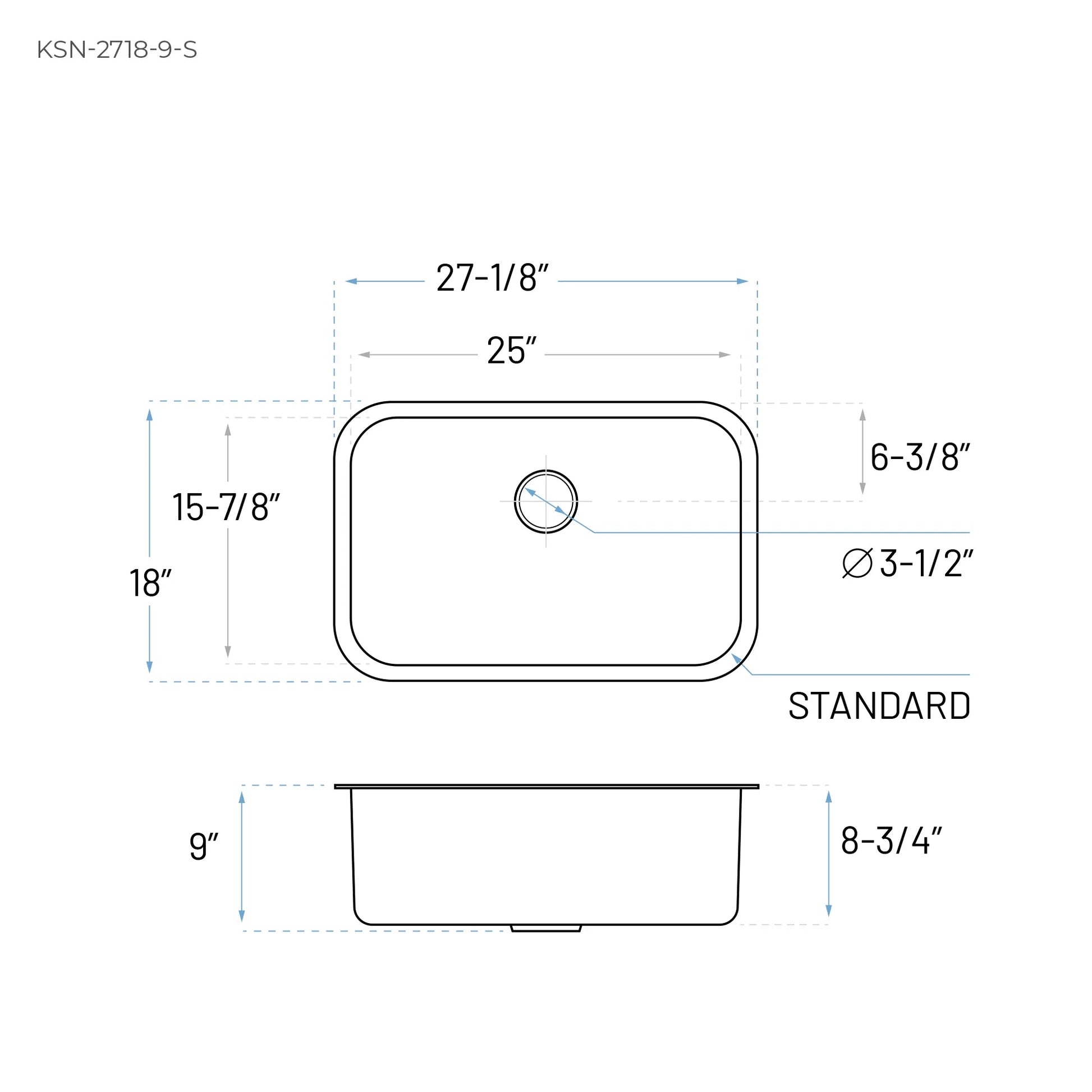 Technical Drawing of a Stainless Steel Undermount Kitchen Sink