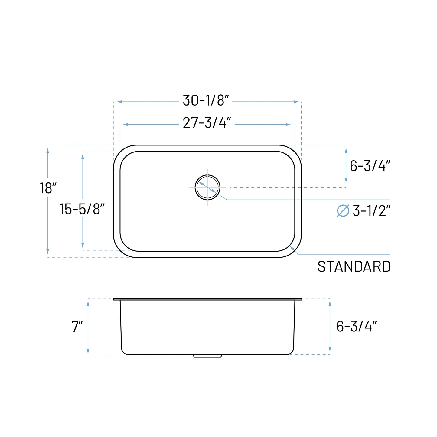 KSN-3018-7-S Undermount Single Bowl Kitchen Sink