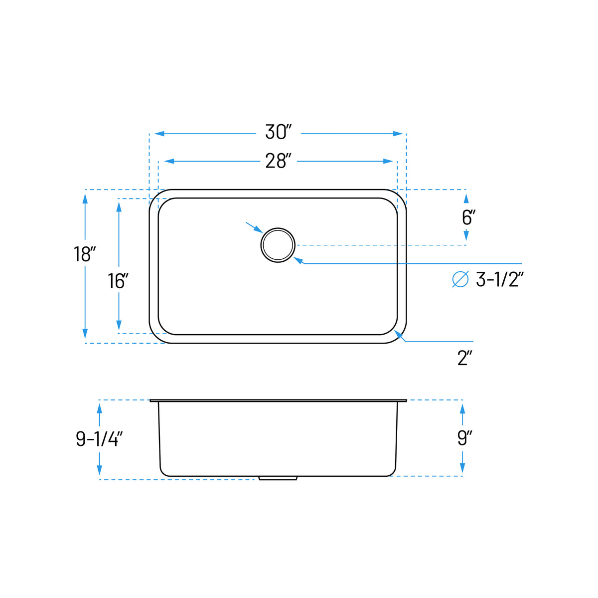 30" Undermount Stainless Steel Single Bowl Kitchen Sink with 2" Radius Corners