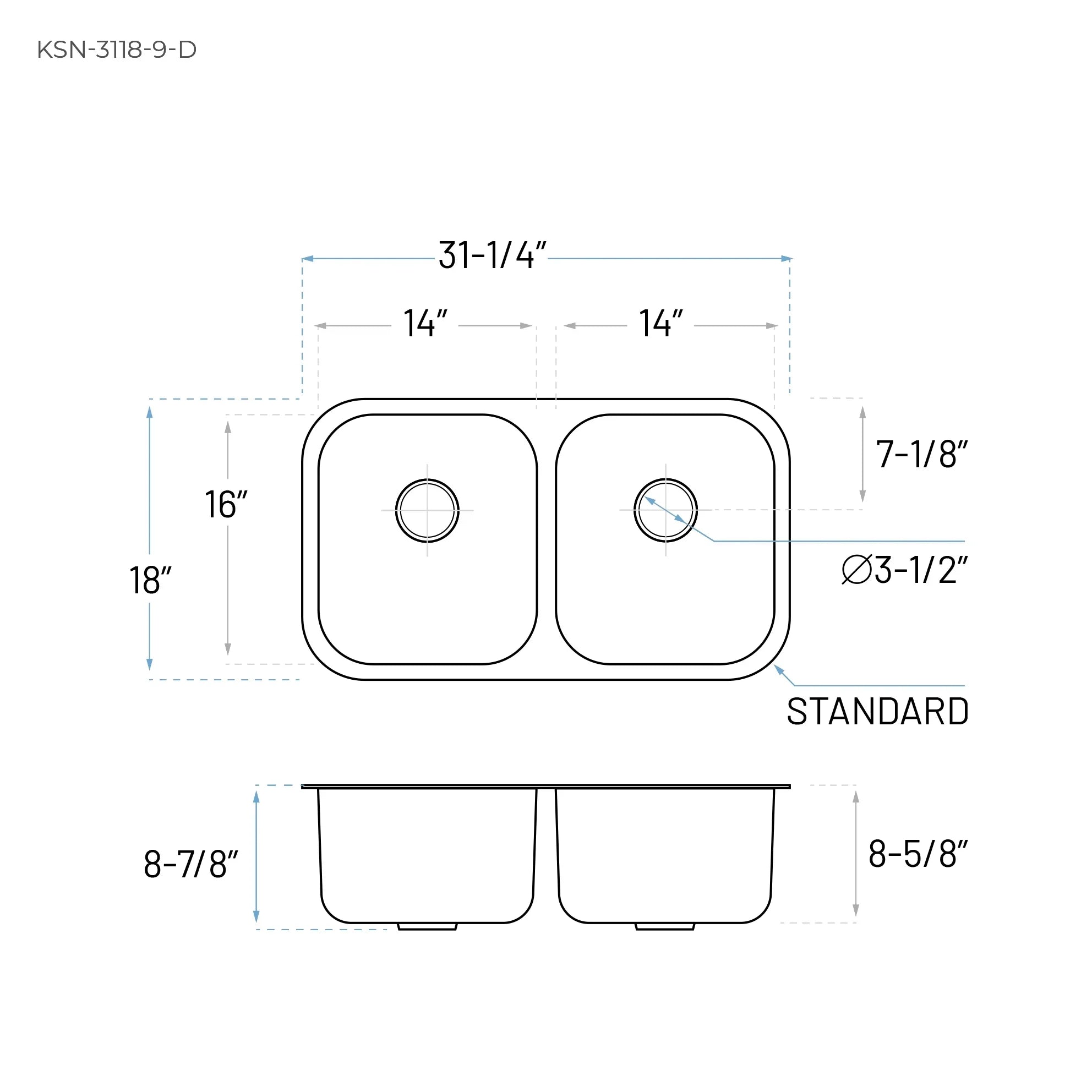 31" Undermount Double Bowl Stainless Steel Kitchen Sink