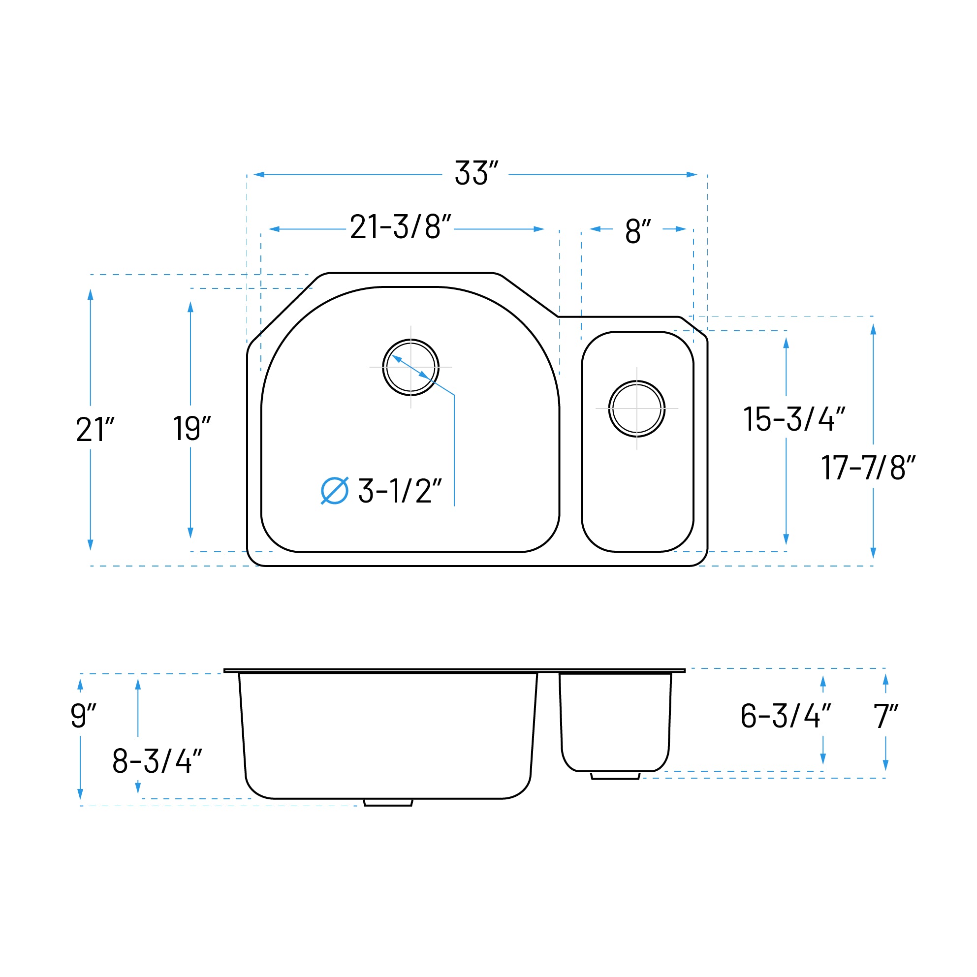 33" Undermount 80/20 Offset Double Bowl Stainless Steel Kitchen Sink, KSN-3321