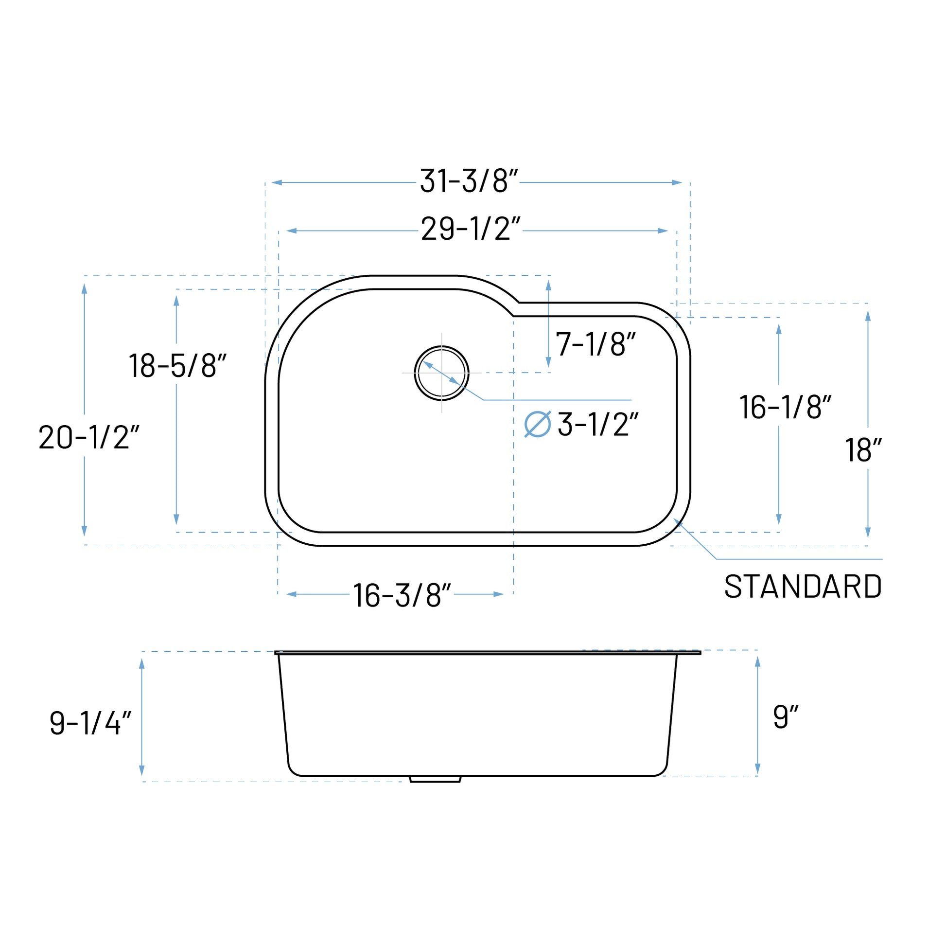 Technical Drawing of No Divide Single Bowl Undermount Kitchen Sink