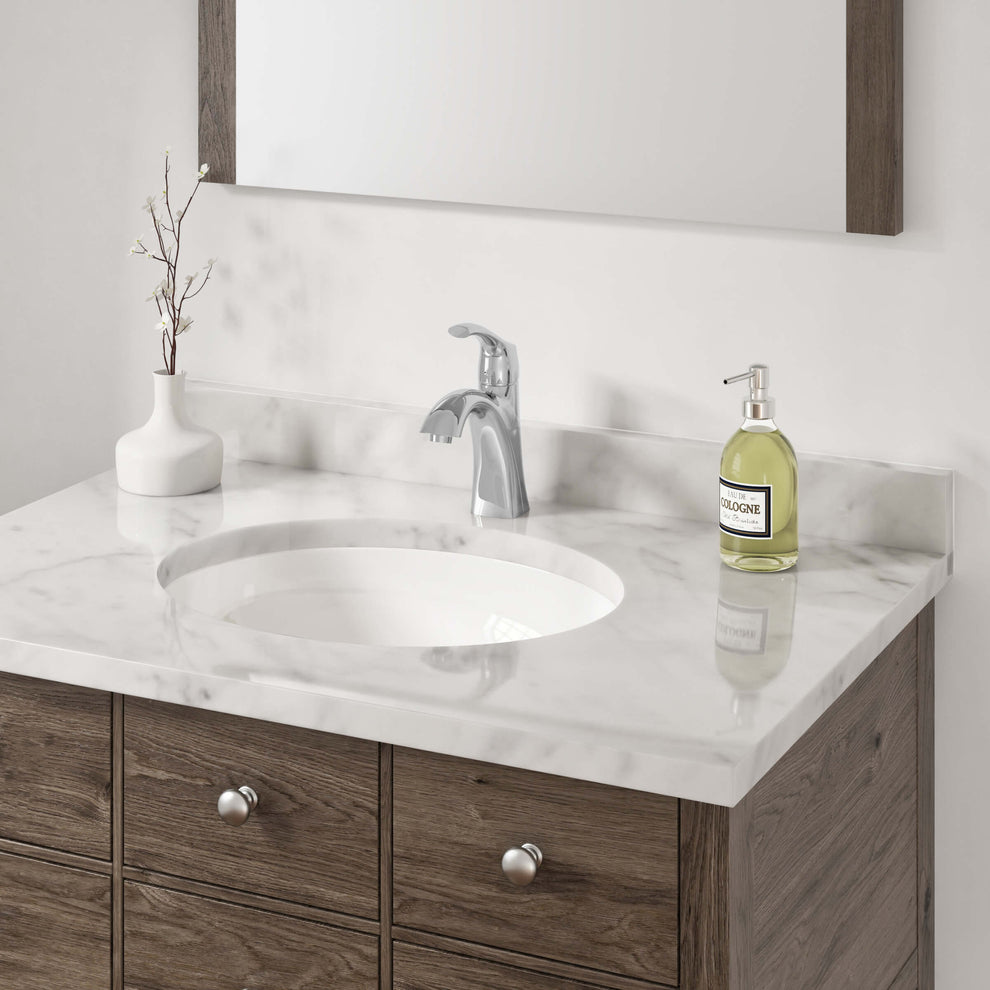 An exquisite faucet is installed on an undermount sink with a wooden cabinet, enhancing the beauty of the bathroom