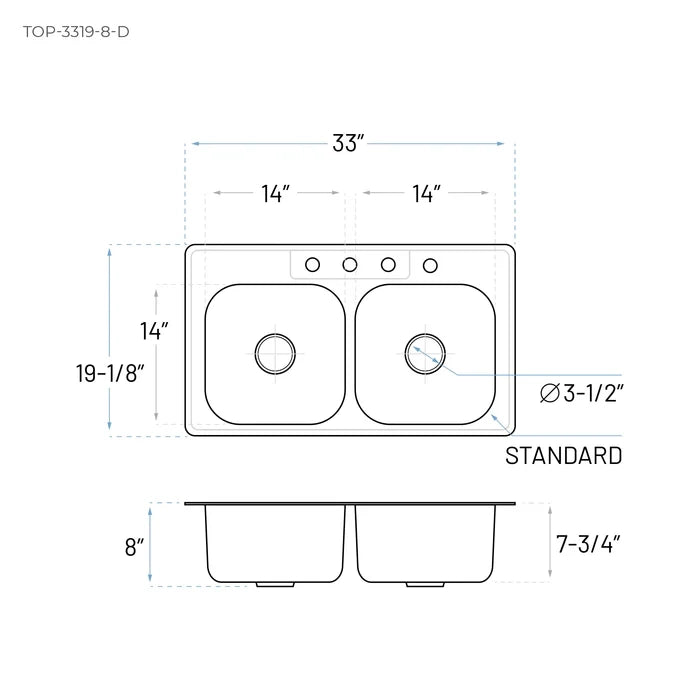 33" x 19" Narrow Top Mount Double Bowl 4-Hole Stainless Steel Kitchen Sink, TOP-3319-8-D