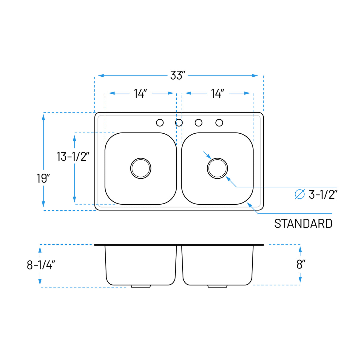 33" × 19" Narrow Top Mount Double Bowl 4-Hole Stainless Steel Kitchen Sink