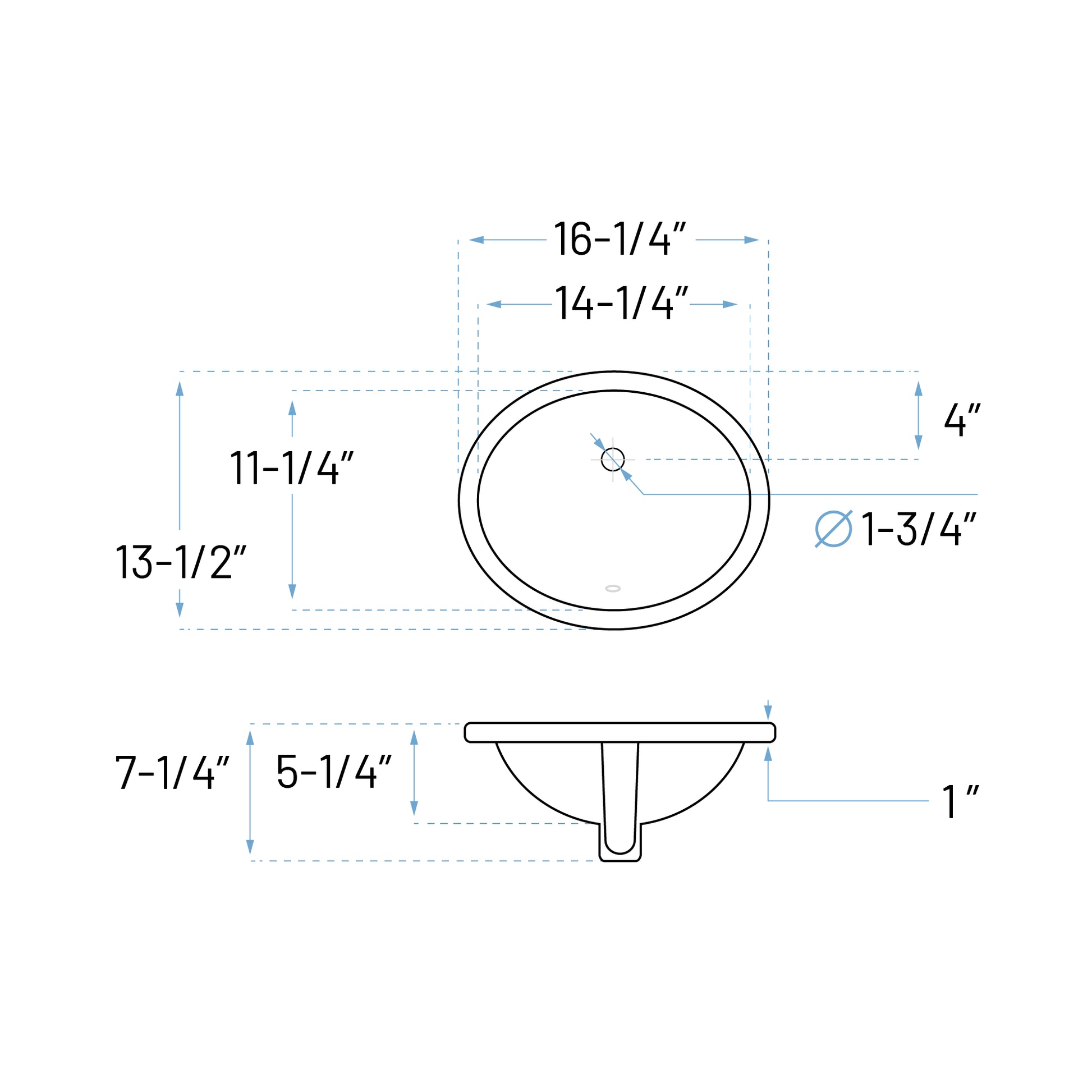 Technical Drawing of An Oval Shape Porcelain Bathroom Sink