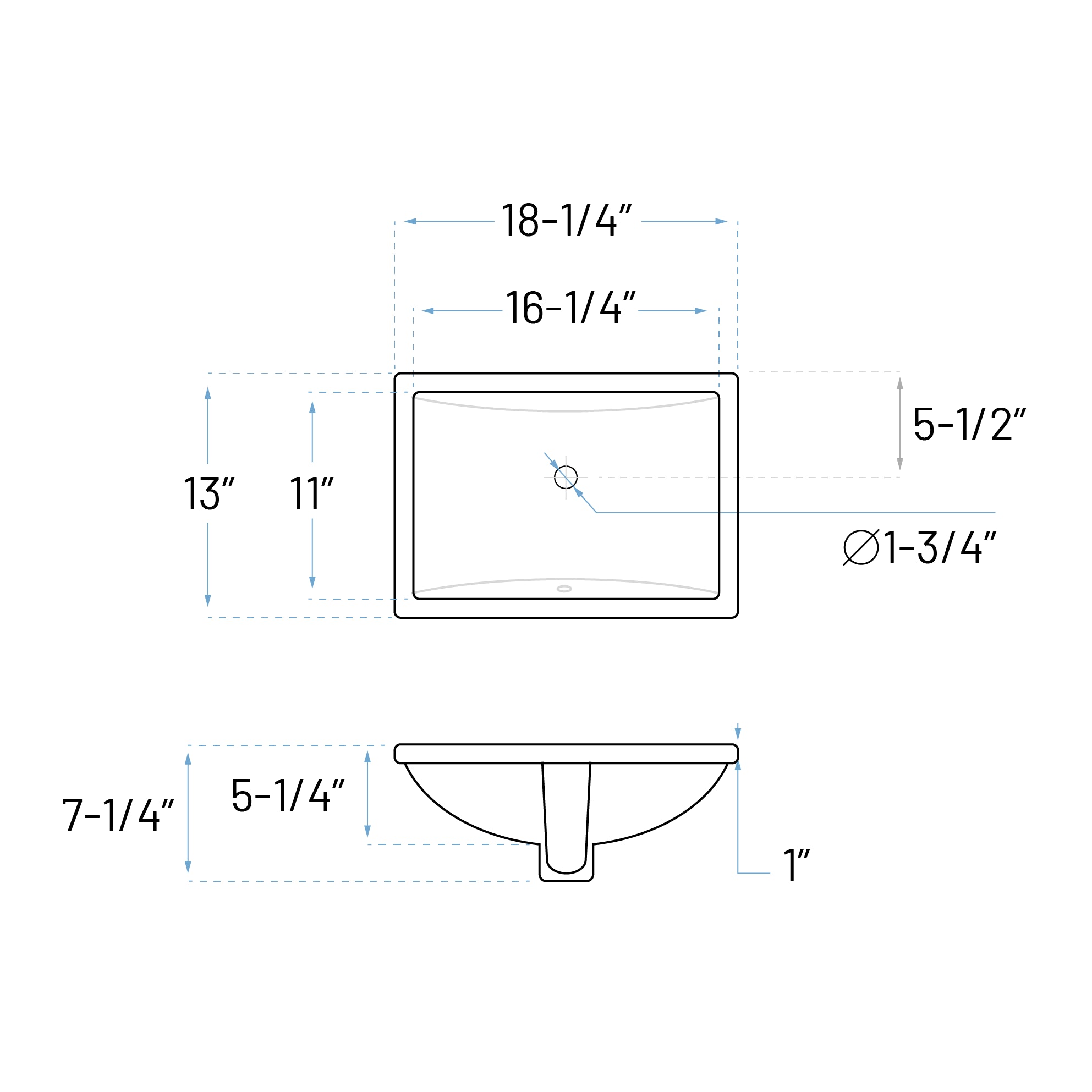 18-1/4" Rectangular Porcelain Undermount Bathroom Sink with Overflow Drain in White, VCS-1116-R