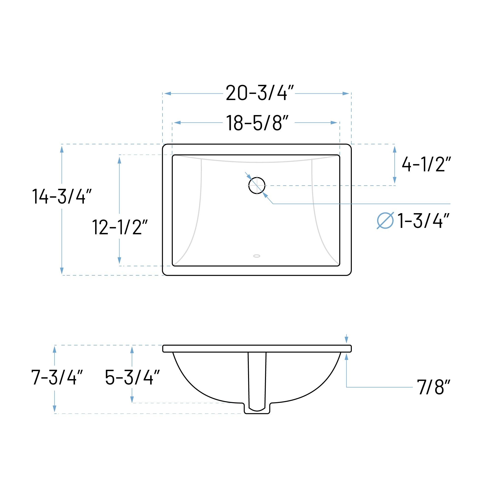 20-3/4" White Rectangular Vitreous China Undermount Bathroom Sink with Overflow Drain, VCS-1218-N-R