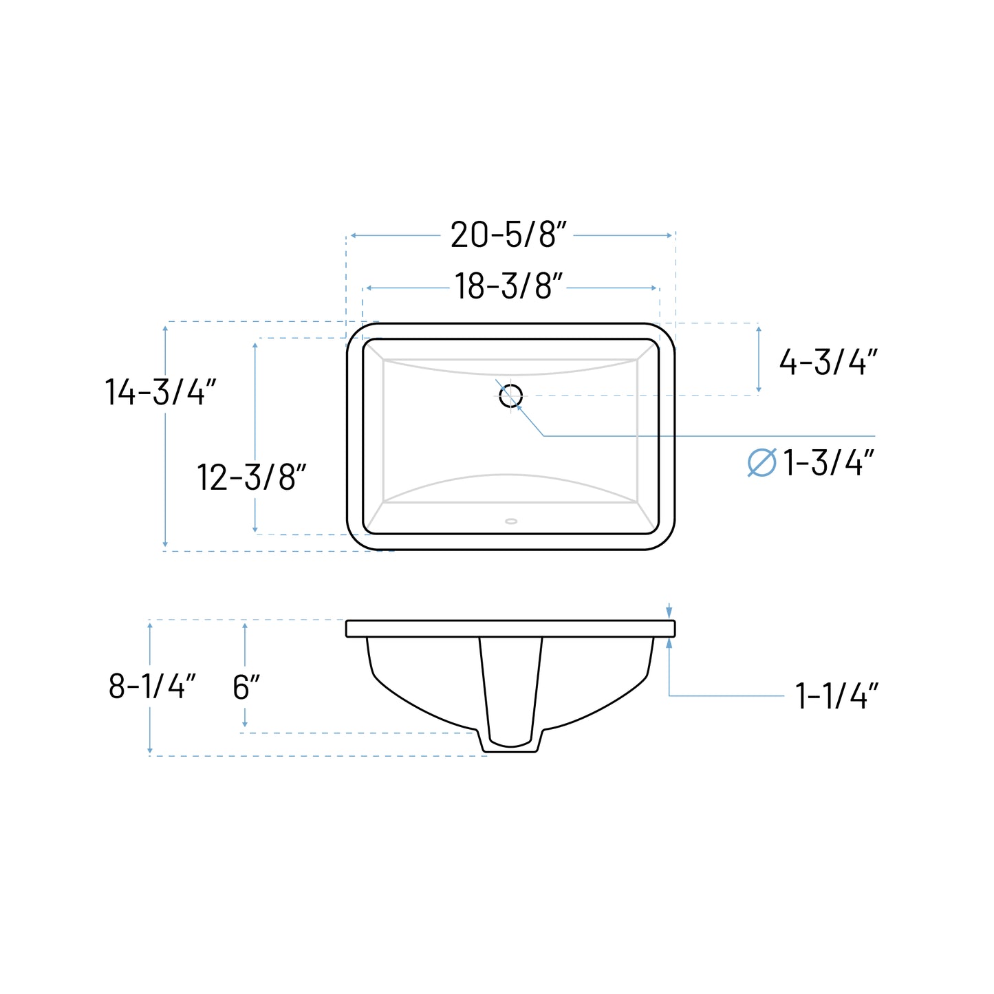 Technical Drawing of An undermount porcelain bathroom sink