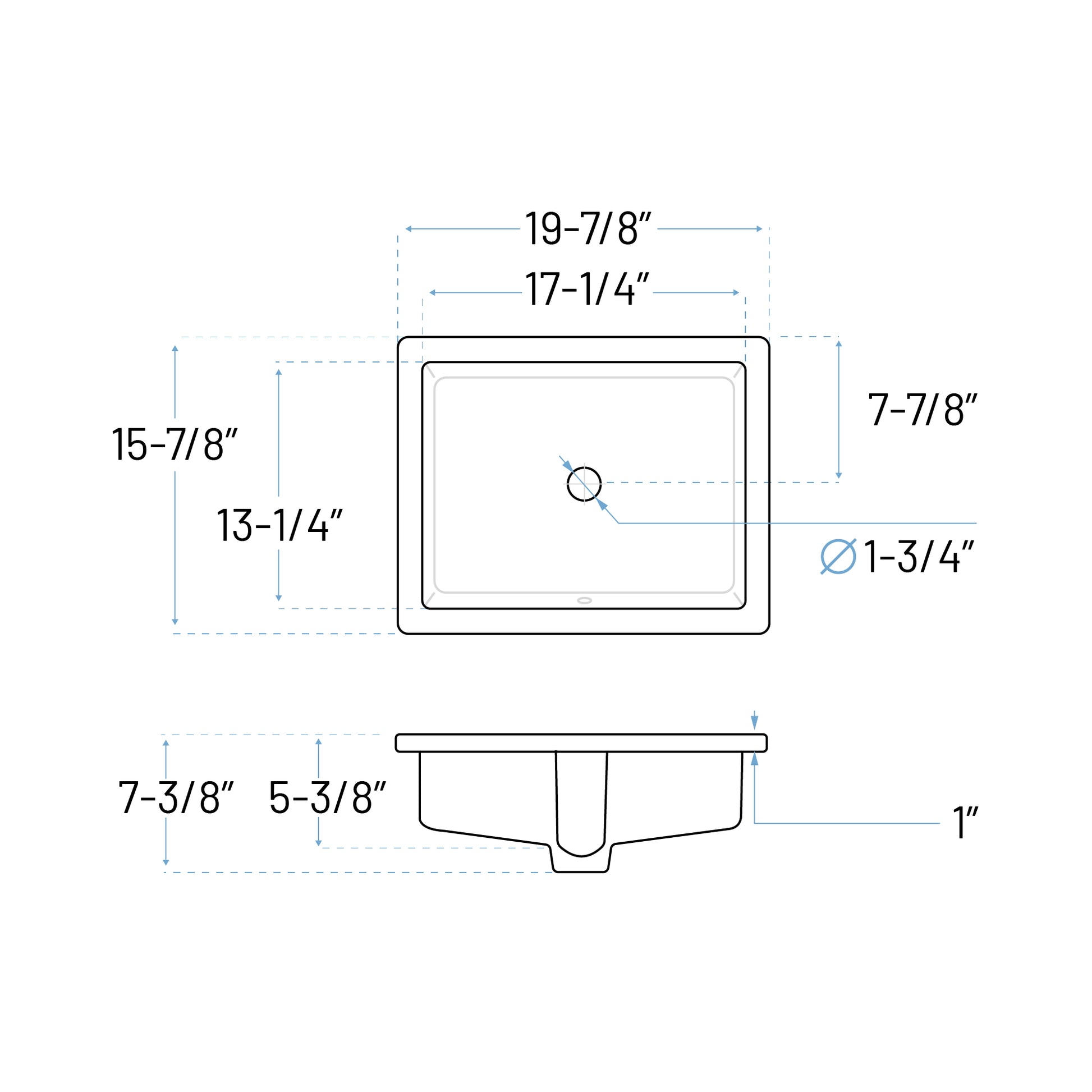 Technical Drawing of An undermount porcelain bathroom sink