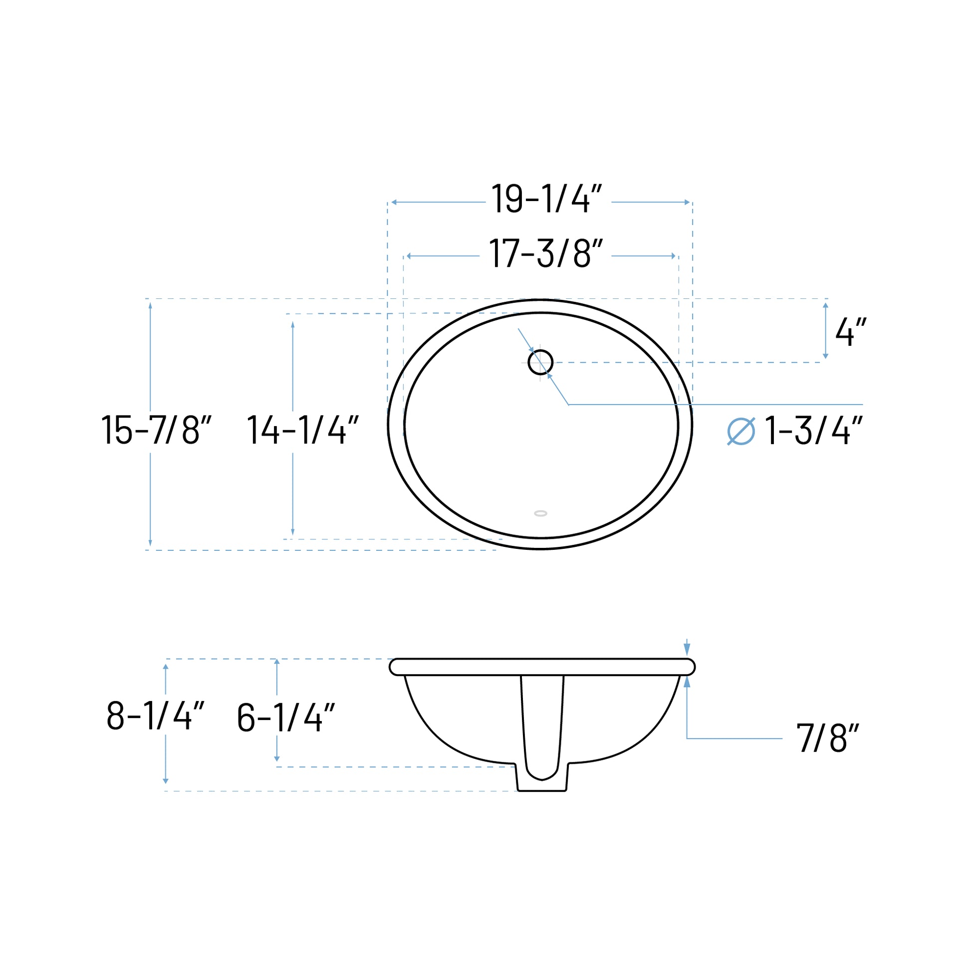 Technical Drawing of Oval Shape Undermount Bathroom Sink