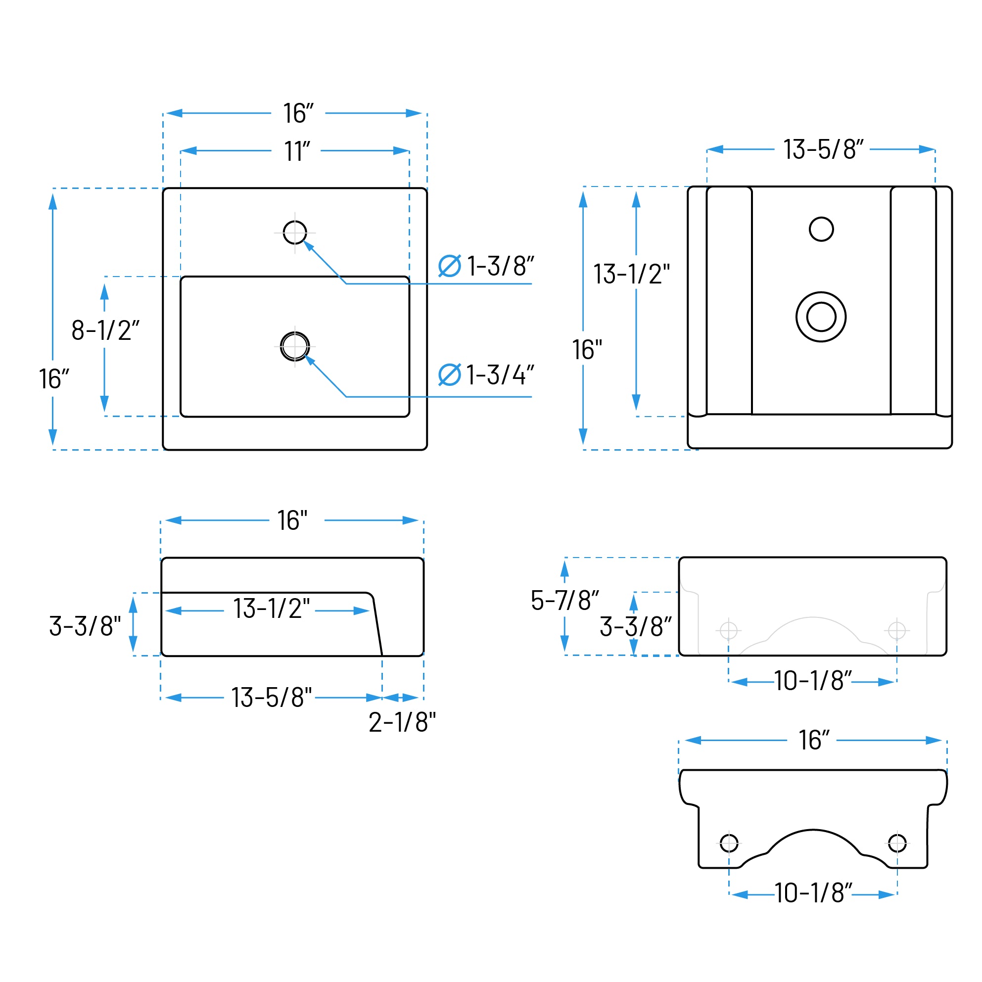 16 x 16" White Semi-Recessed Porcelain Vessel Sink with Overflow, VCS-1616-R-T