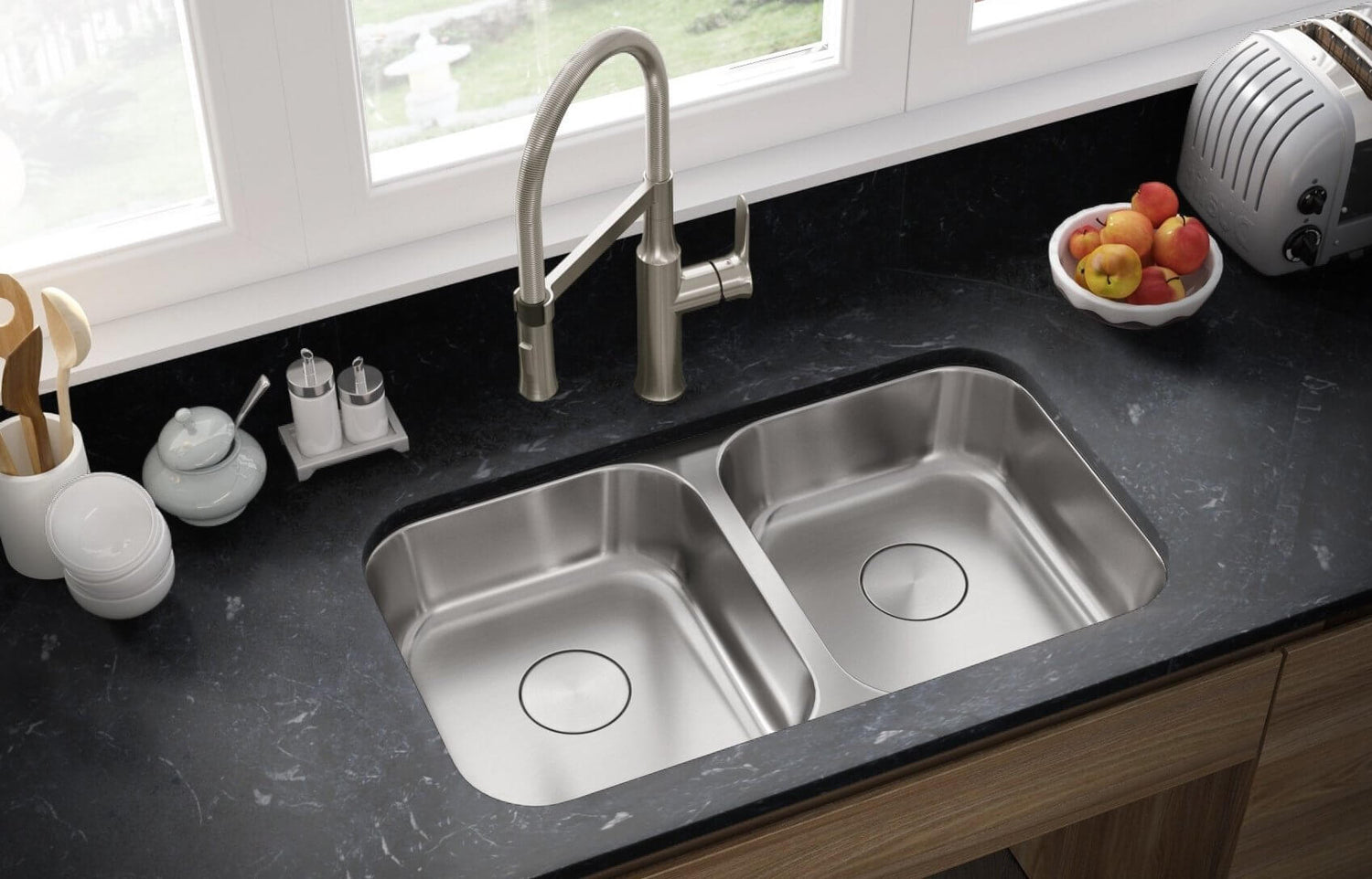 A beautiful Kitchen faucet with double bowl stainless steel kitchen sink