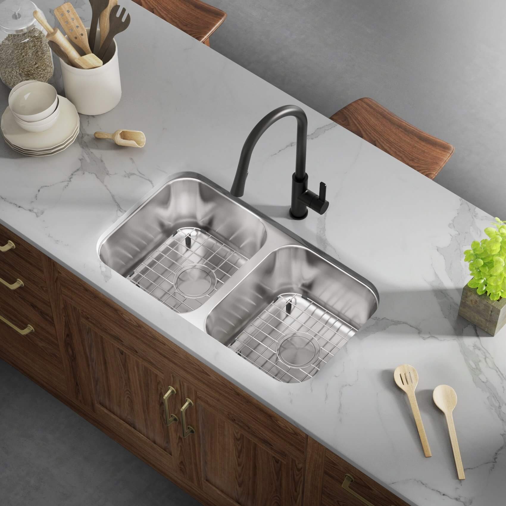 Allora USA - LD-3218 Kitchen Sink - 32 x 18 x 8 Undermount Low Divider Double Bowl 18 Gauge Stainless Steel Kitchen Sink
