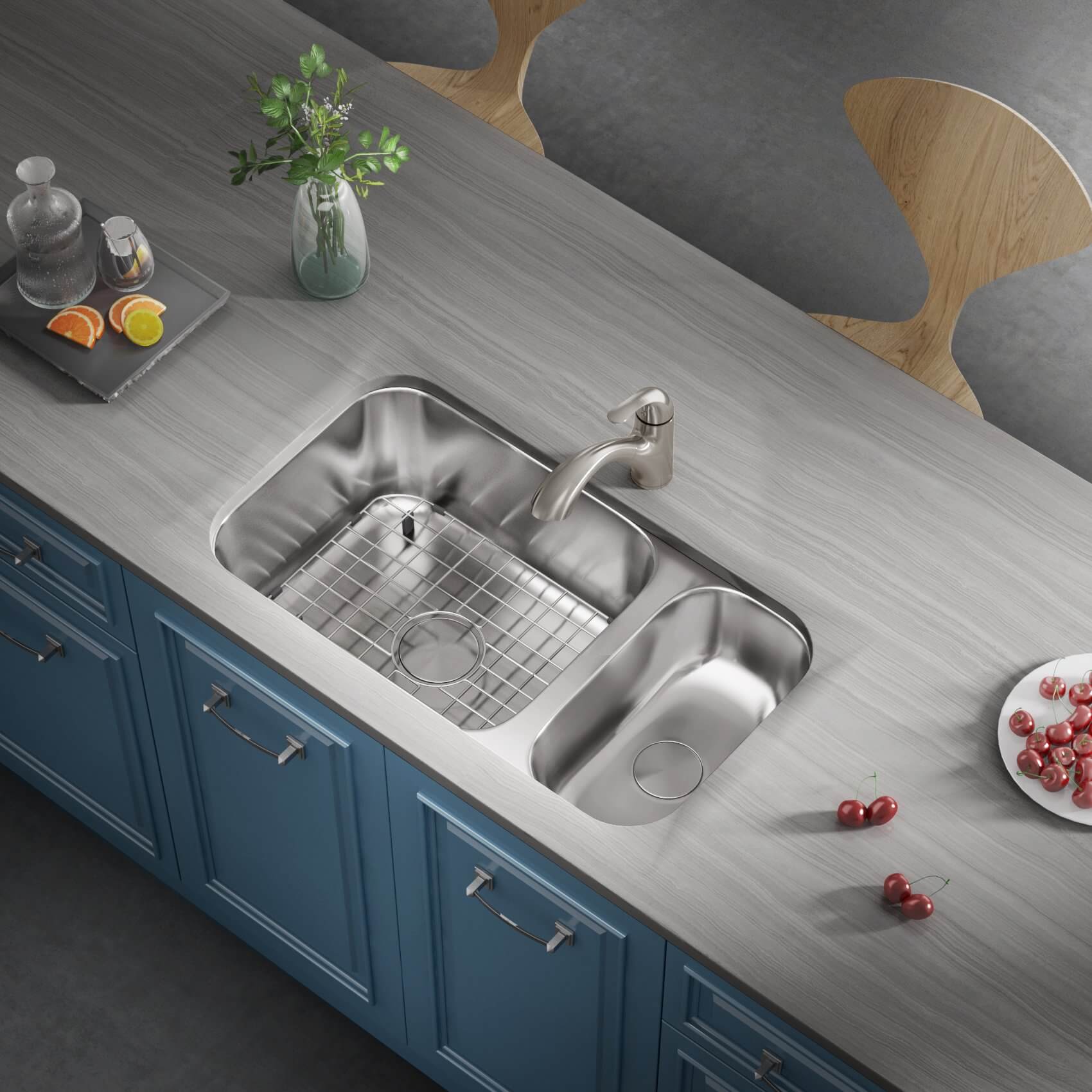 Allora's kitchen faucet is mounted on Undermount Double Down Stainless Steel Kitchen Sink