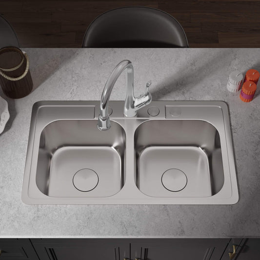 Kitchen Faucet is mounted over a top mount Double Bowl Kitchen Sink