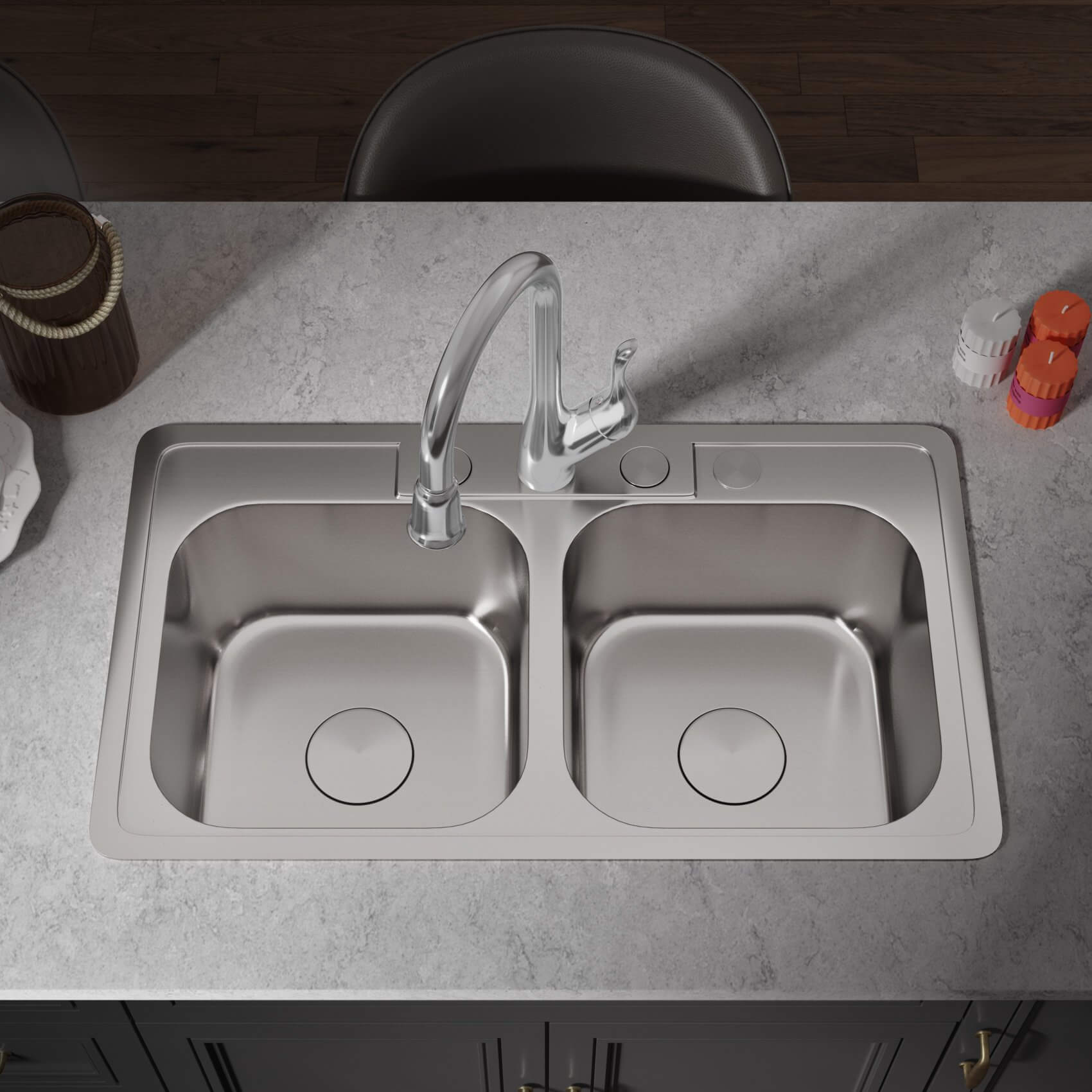 Single handle pull down kitchen faucet is mounted over kitchen sink