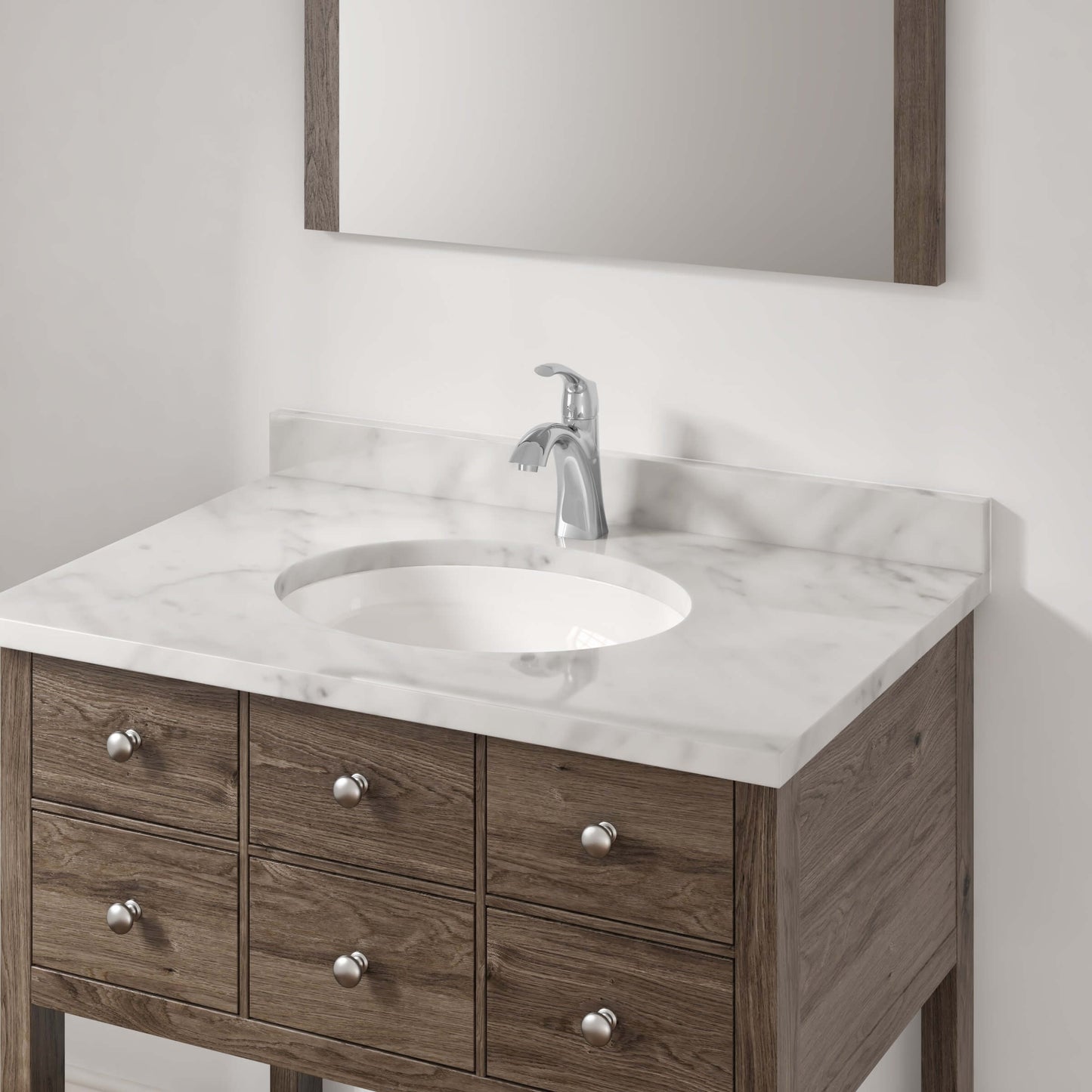 Single handle faucet is mounted on white marble granite with wooden cabinet